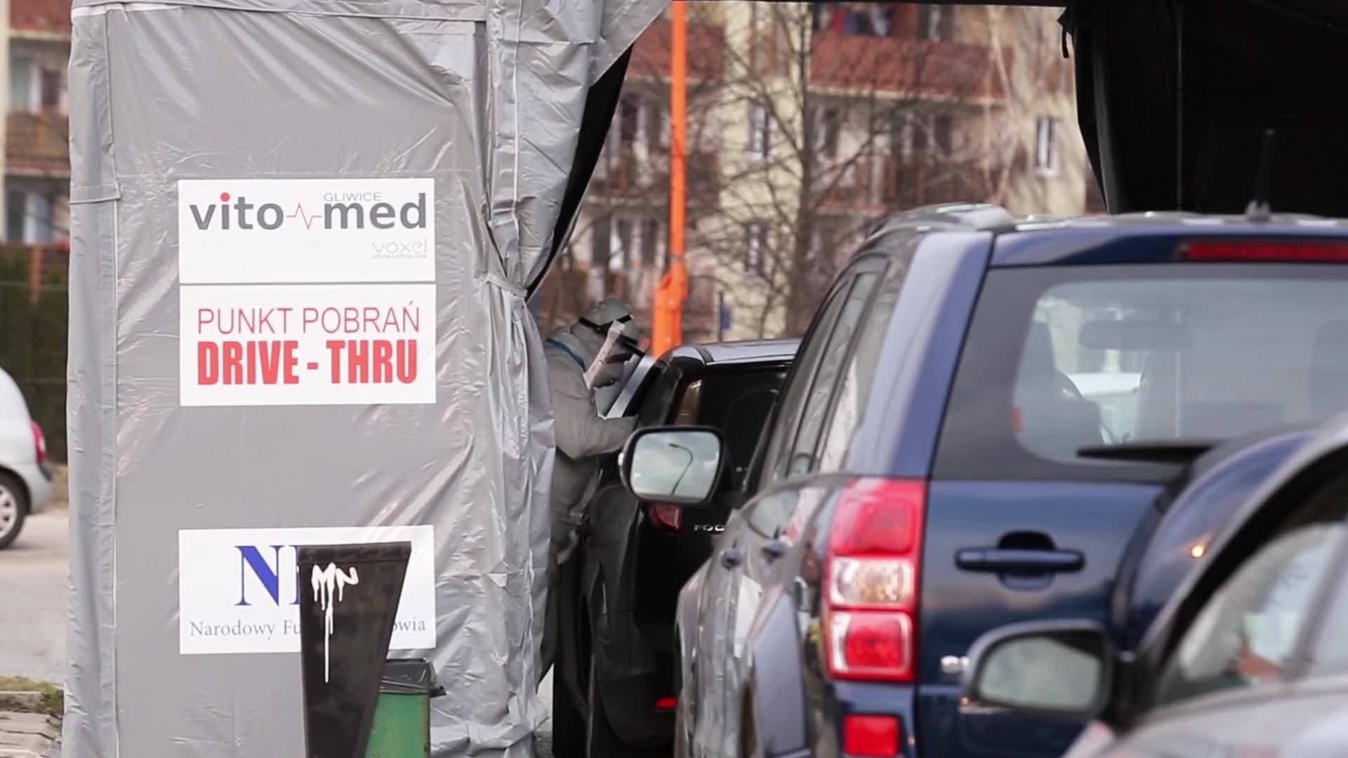 Long queues to drive-thru testing centers in Krakow, Poland