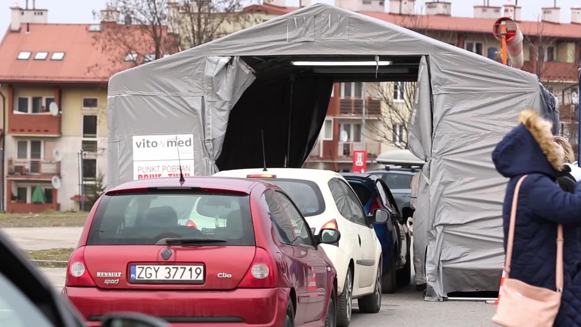 Long queues to drive-thru testing centers in Krakow, Poland