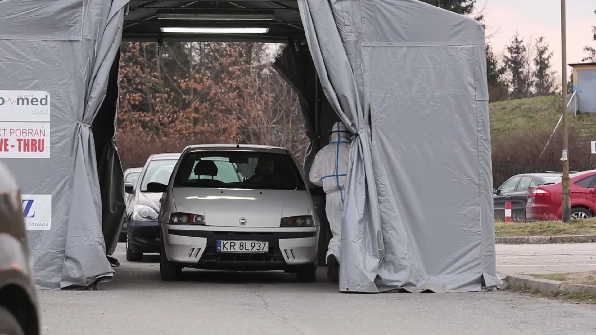 Long queues to drive-thru testing centers in Krakow, Poland