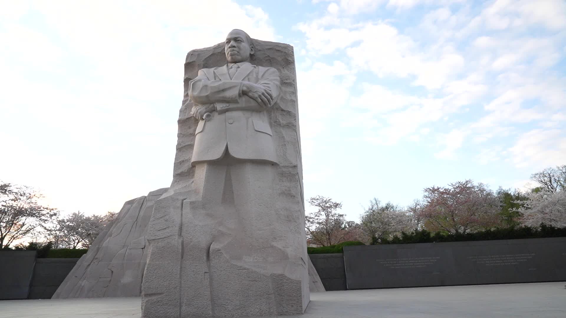 Martin Luther King, Jr. Memorial surrounded by blooming Japanese cherry blossom trees