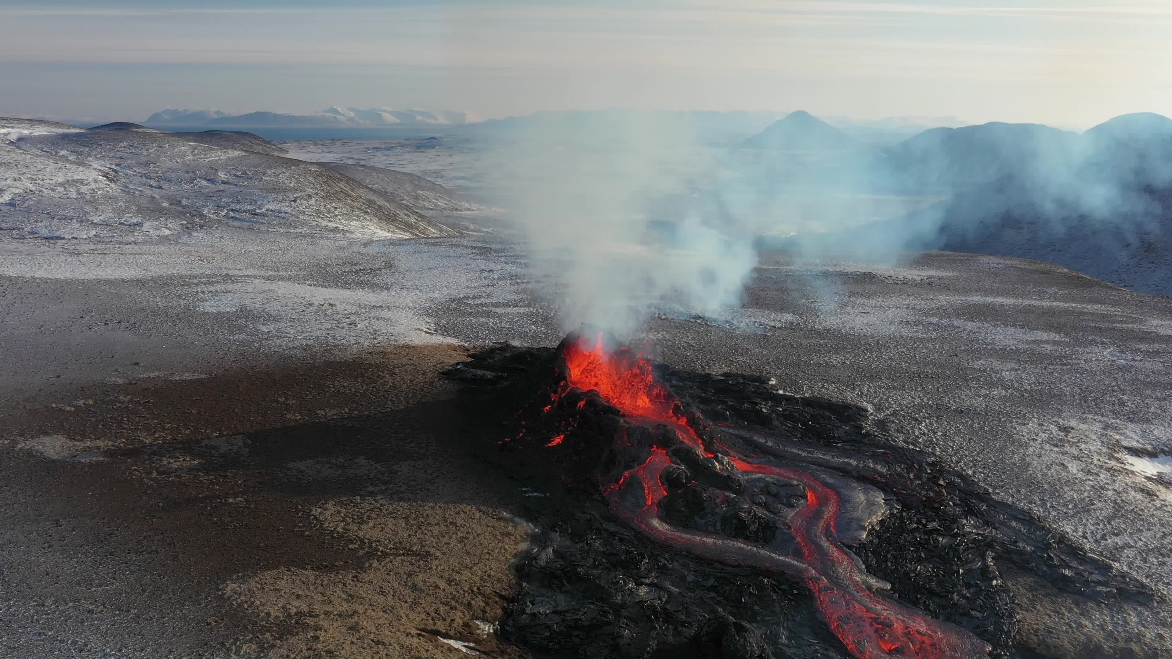 Aerial view of new volcano craters in Geldingadalir and Meradalir