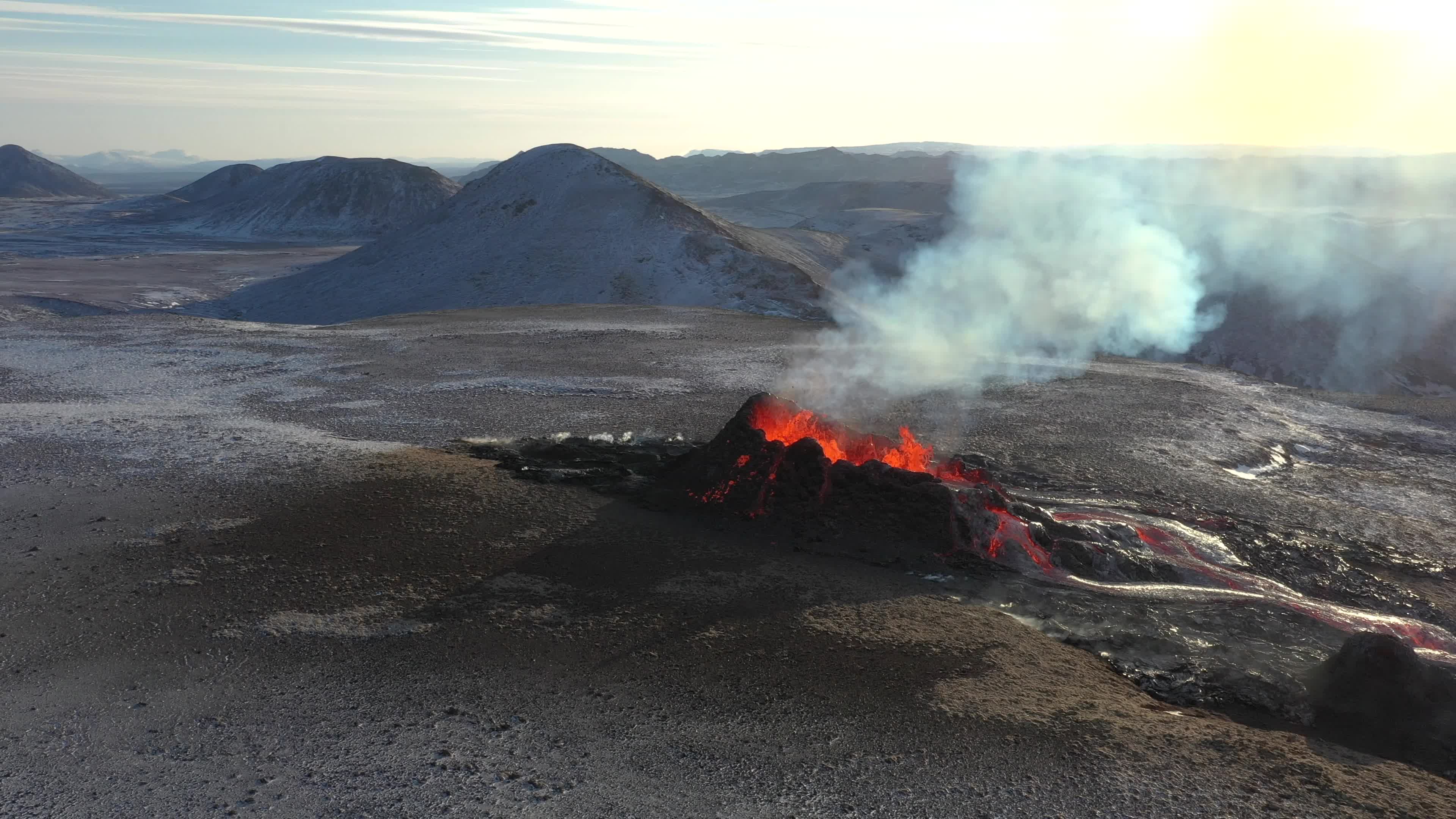 Aerial view of new volcano craters in Geldingadalir and Meradalir