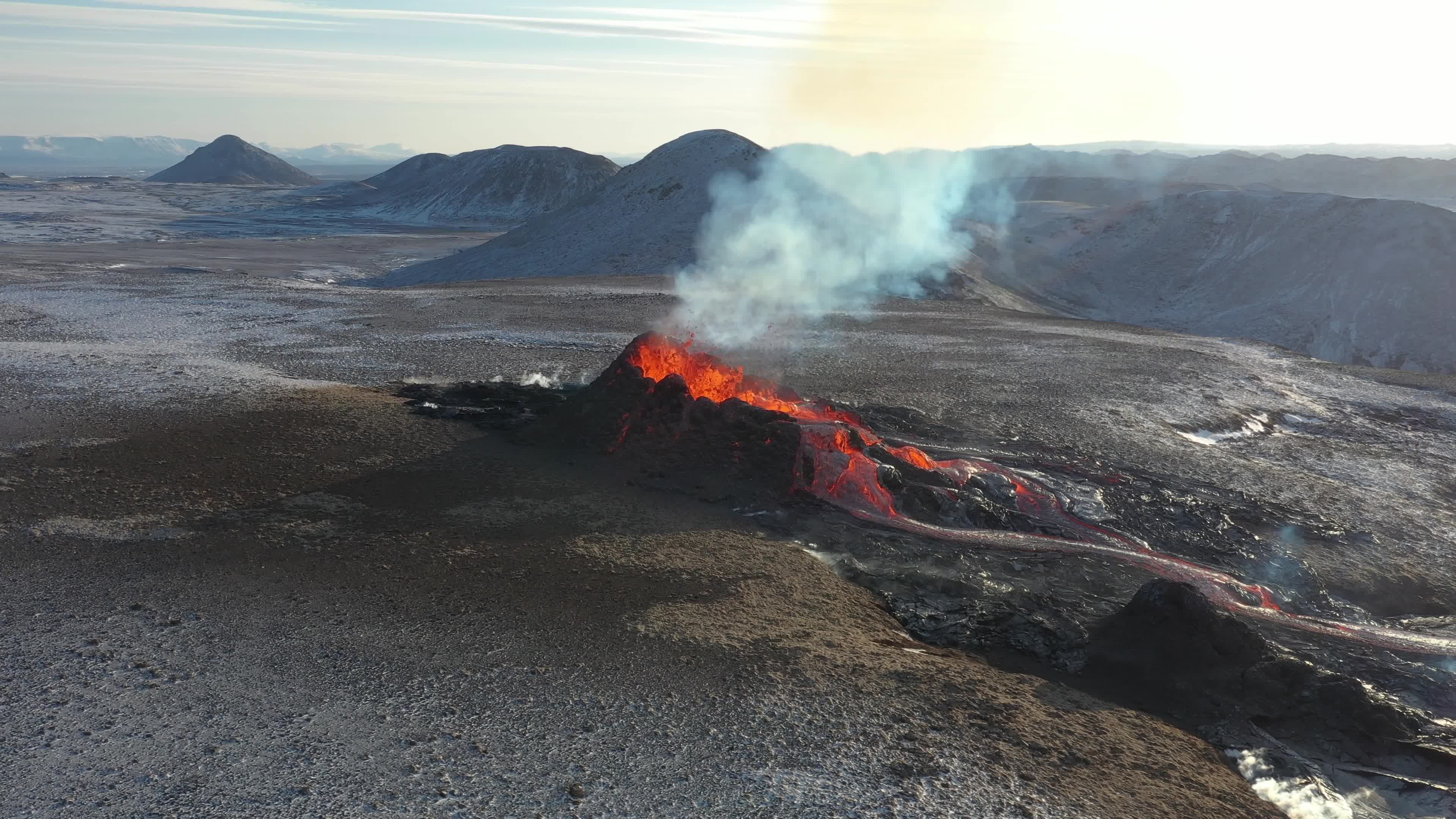 Aerial view of new volcano craters in Geldingadalir and Meradalir