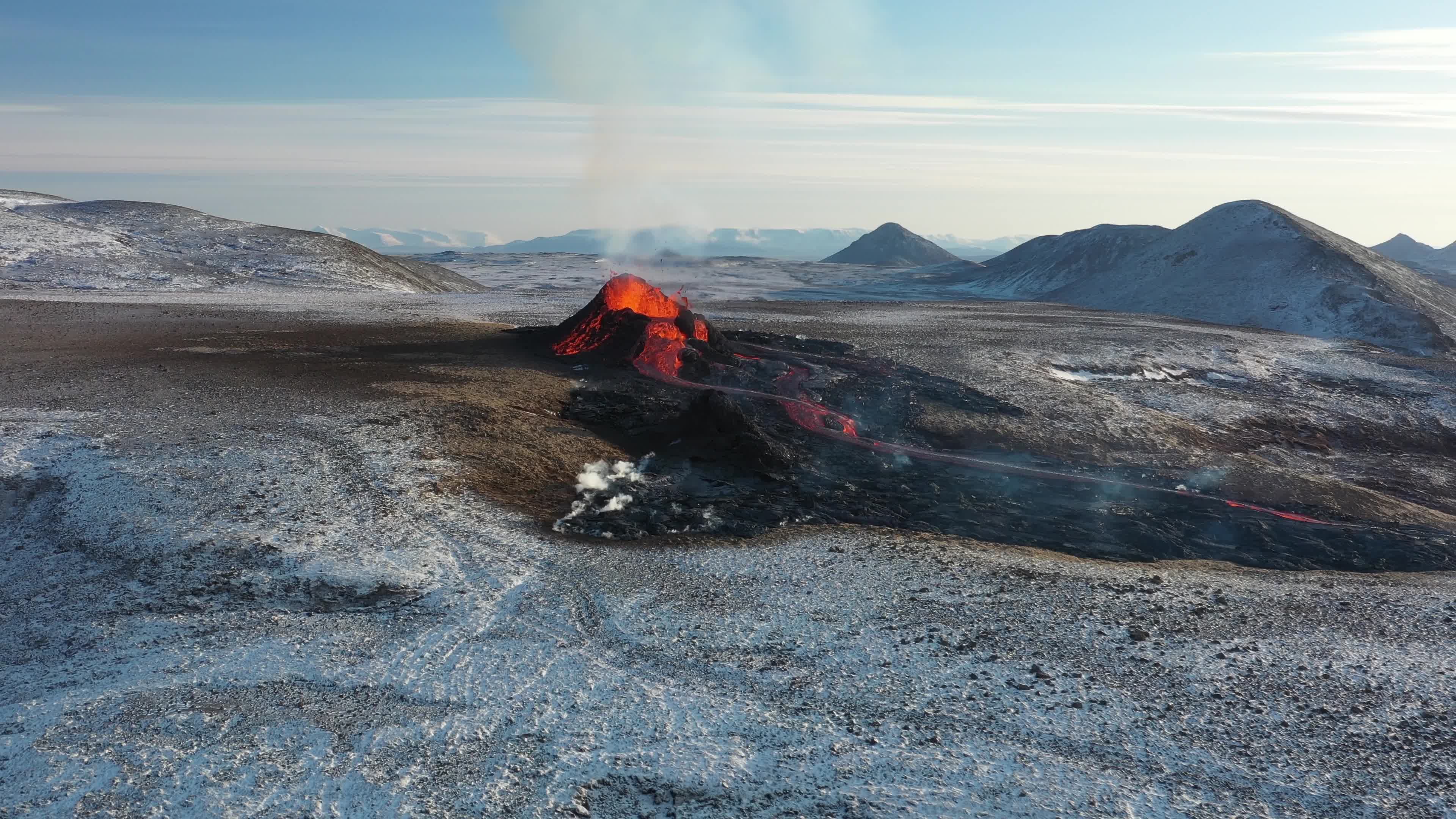 Aerial view of new volcano craters in Geldingadalir and Meradalir