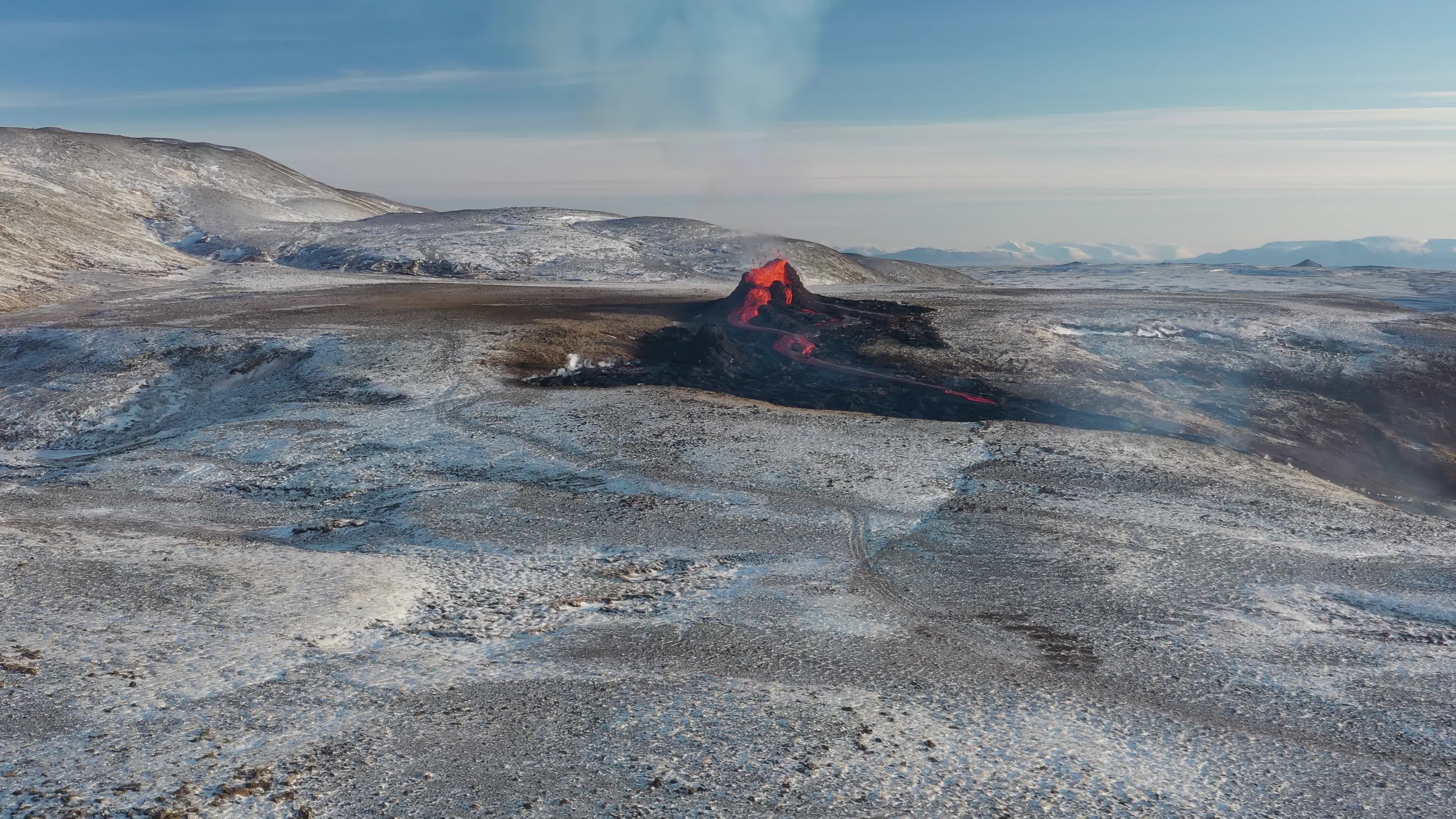 Aerial view of new volcano craters in Geldingadalir and Meradalir