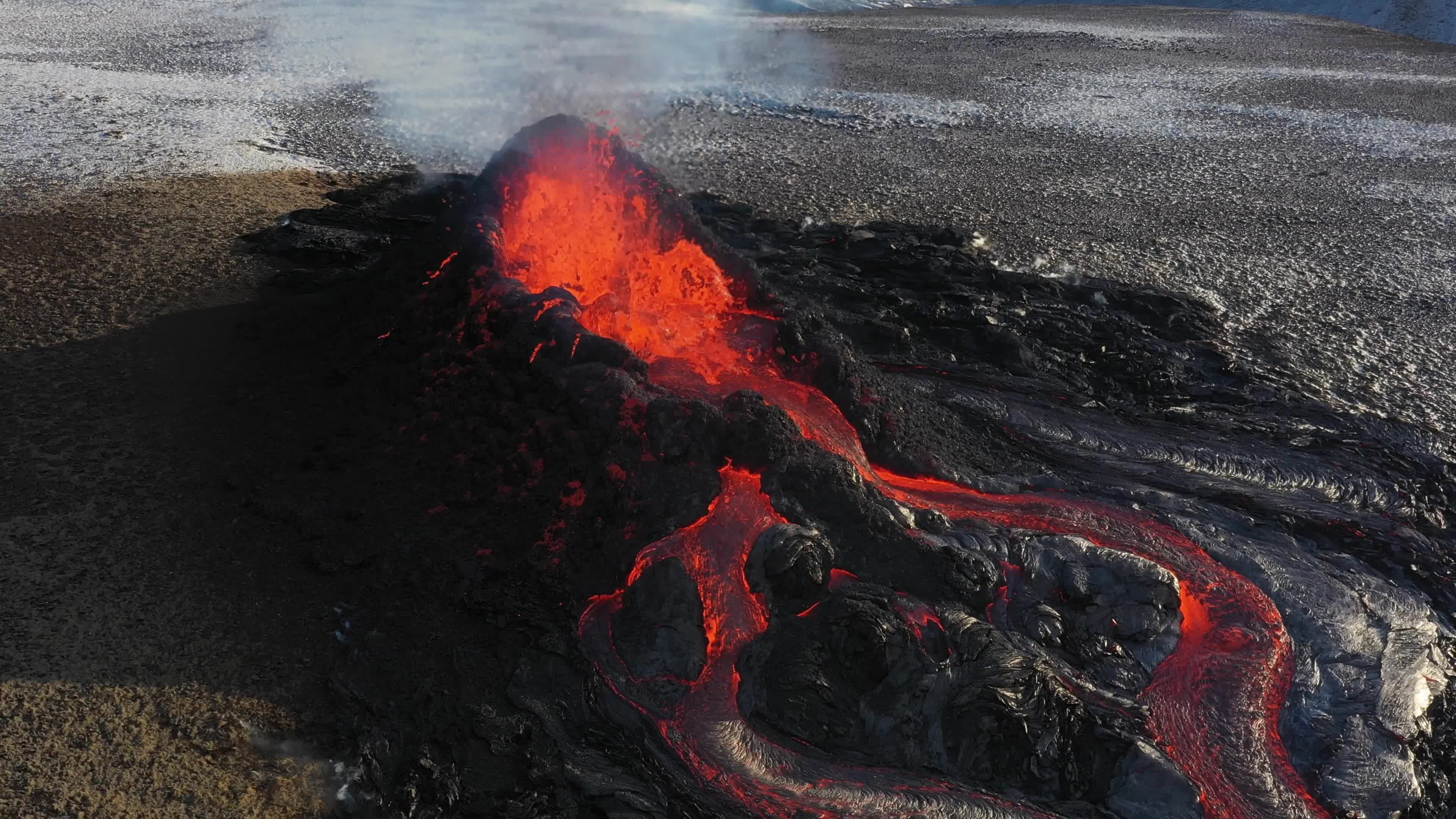 Aerial view of new volcano craters in Geldingadalir and Meradalir