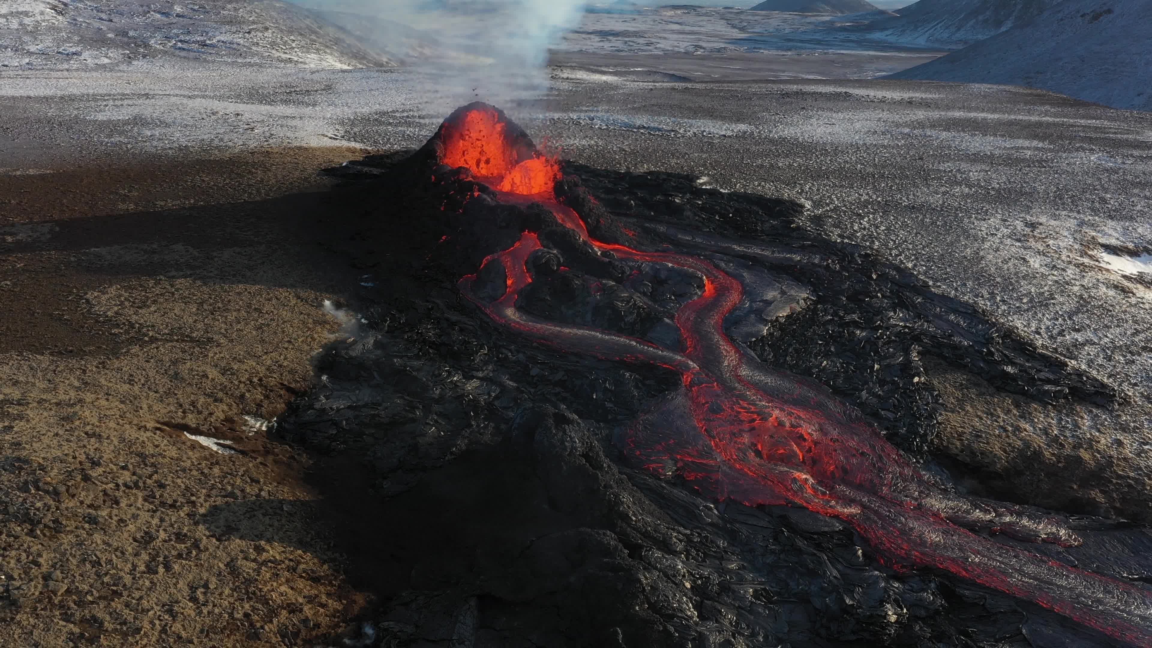 Aerial view of new volcano craters in Geldingadalir and Meradalir