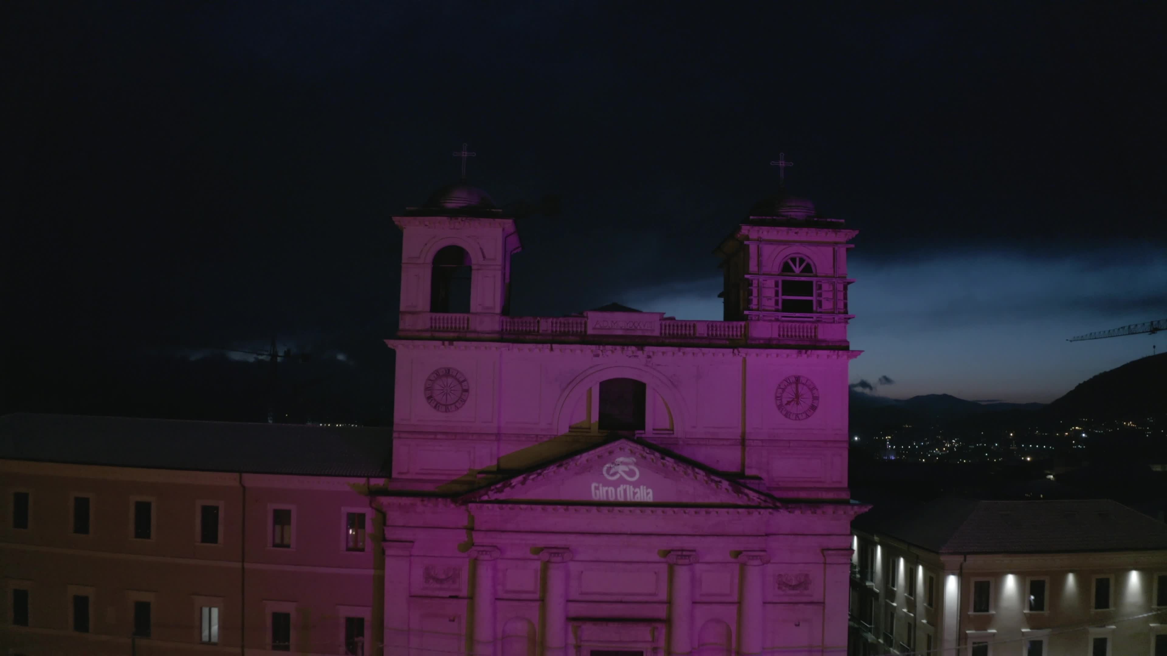 Drone view of the Cathedral of L'Aquila in occasion of Giro d'Italia