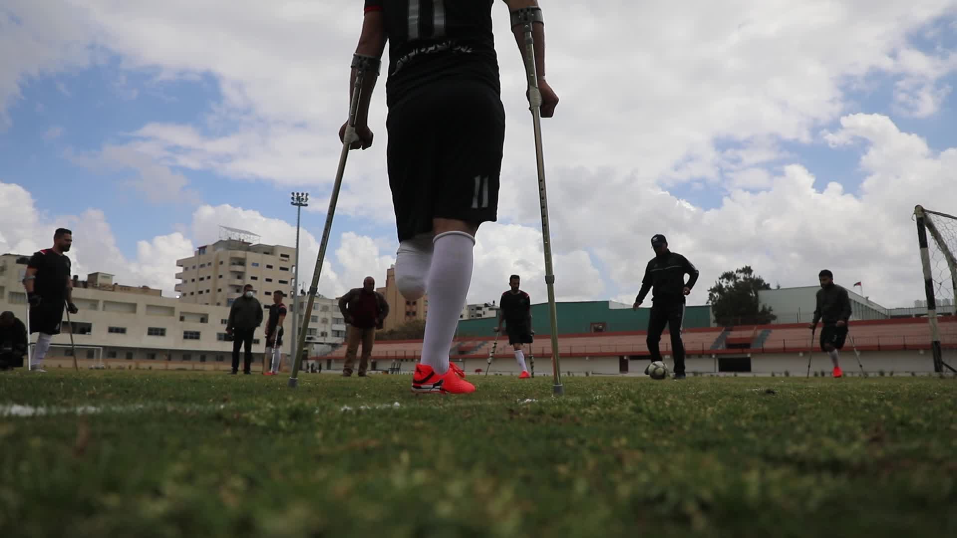 Palestinian amputees play soccer during a local championship in Gaza
