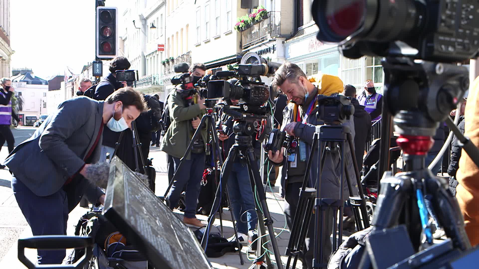 Media outside the Windsor Castle attend the Funeral of Prince Philip