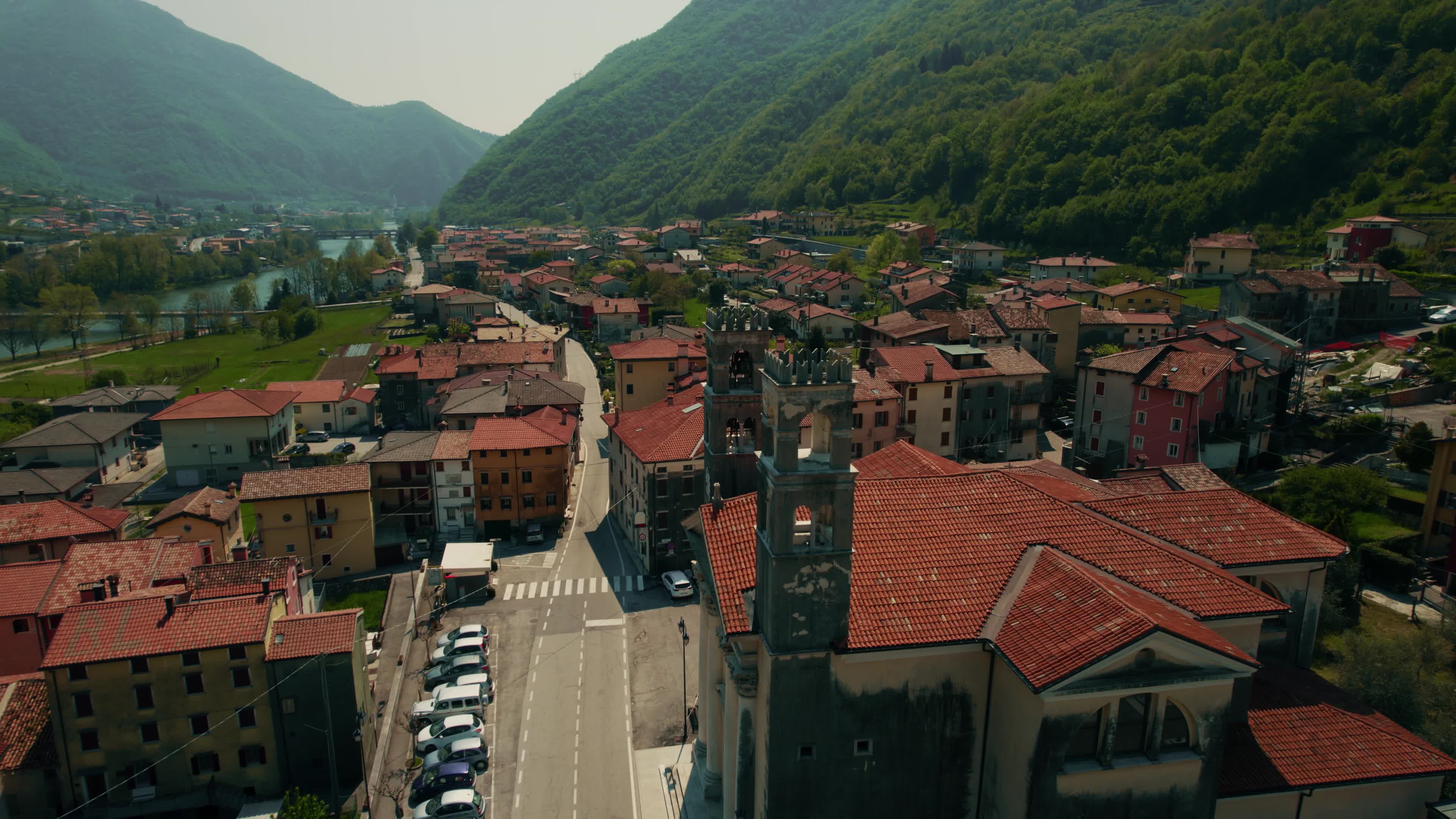 Drone view of a church in Campolongo Sul Brenta