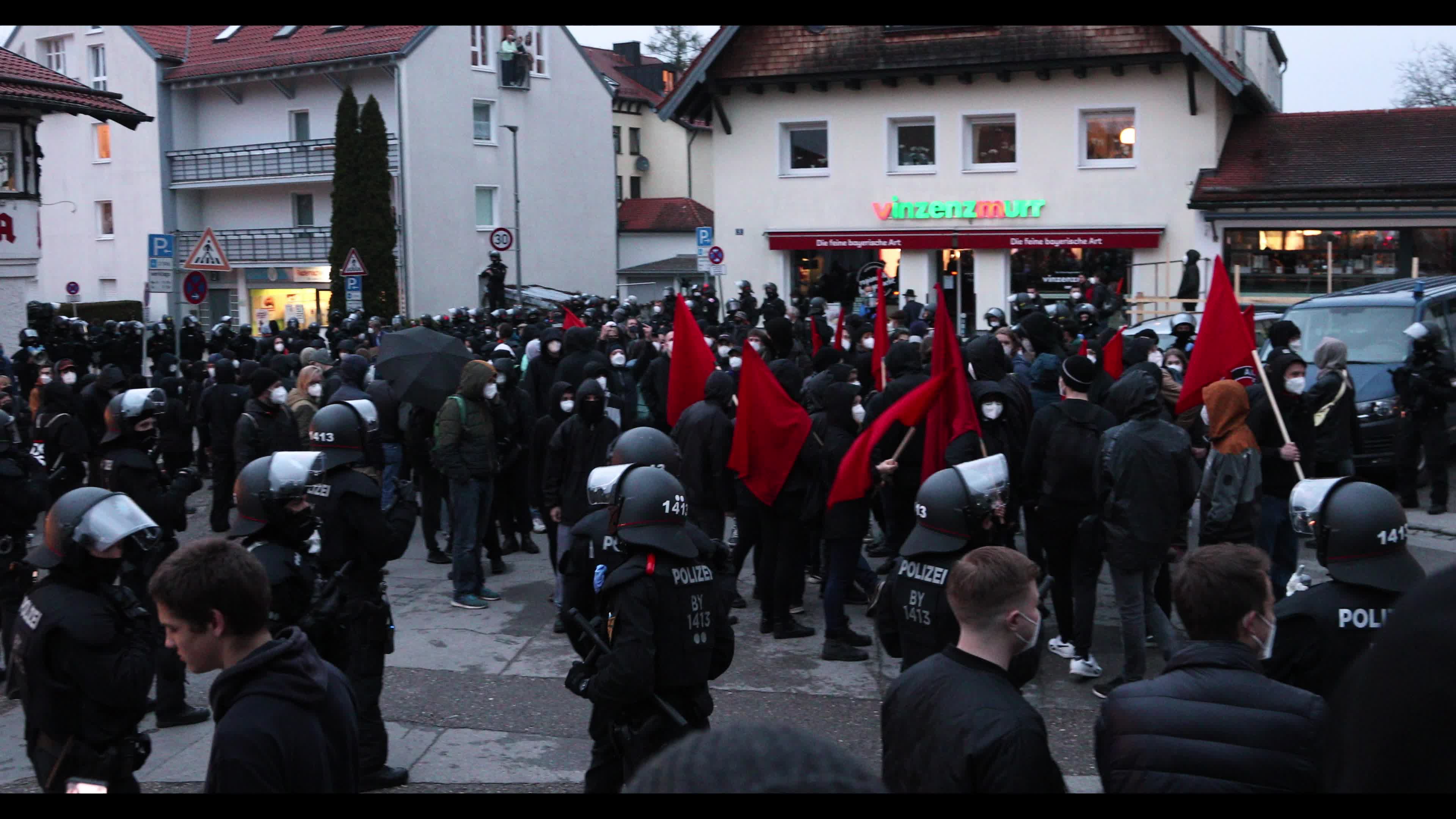 Anticapitalist demonstration in the suburb Gruenwald near Munich