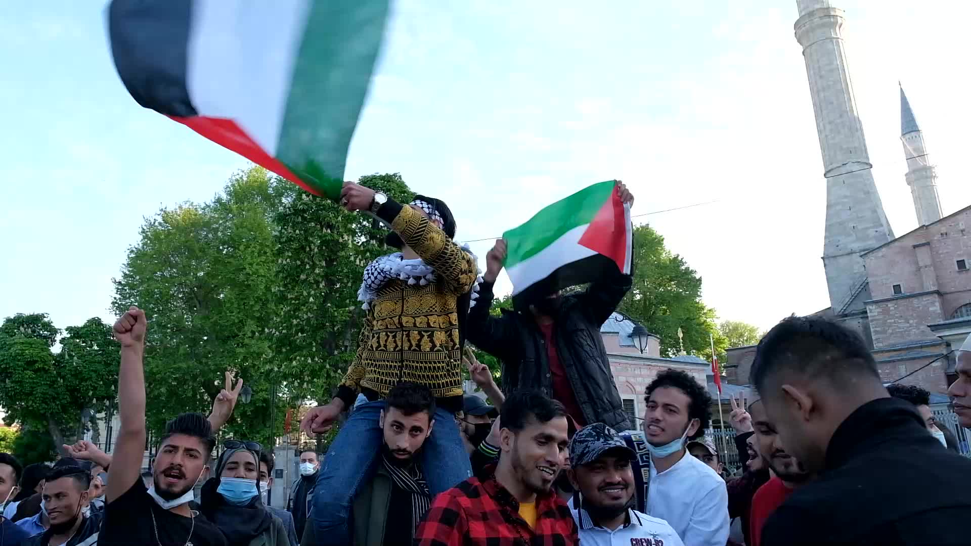 Muslim worshippers gathered to support palestine against israel's attack after the eid prayers