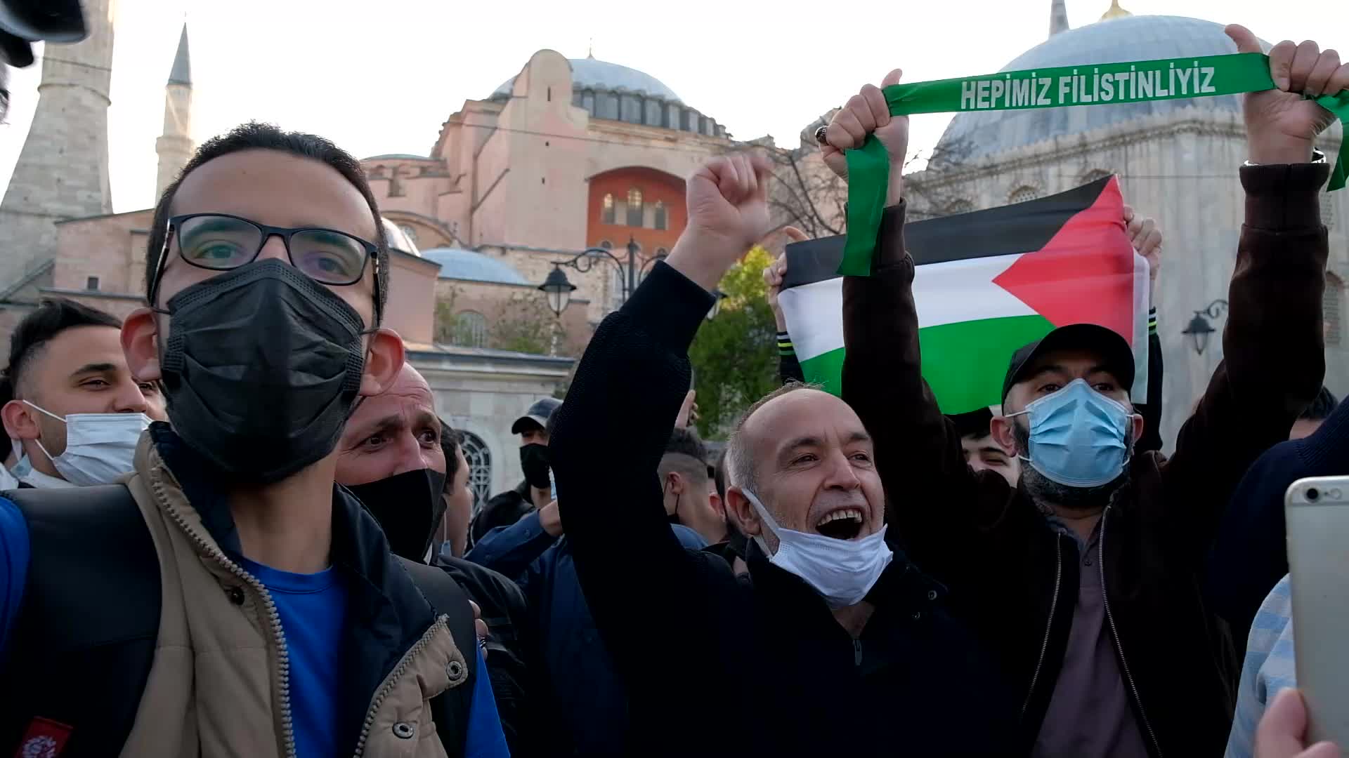 Muslim worshippers gathered to support palestine against israel's attack after the eid prayers