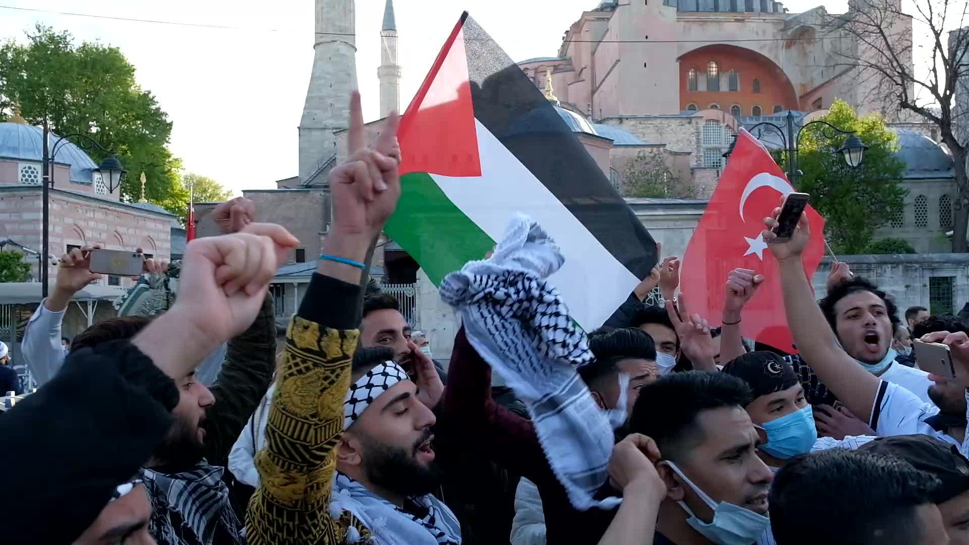 Muslim worshippers gathered to support palestine against israel's attack after the eid prayers