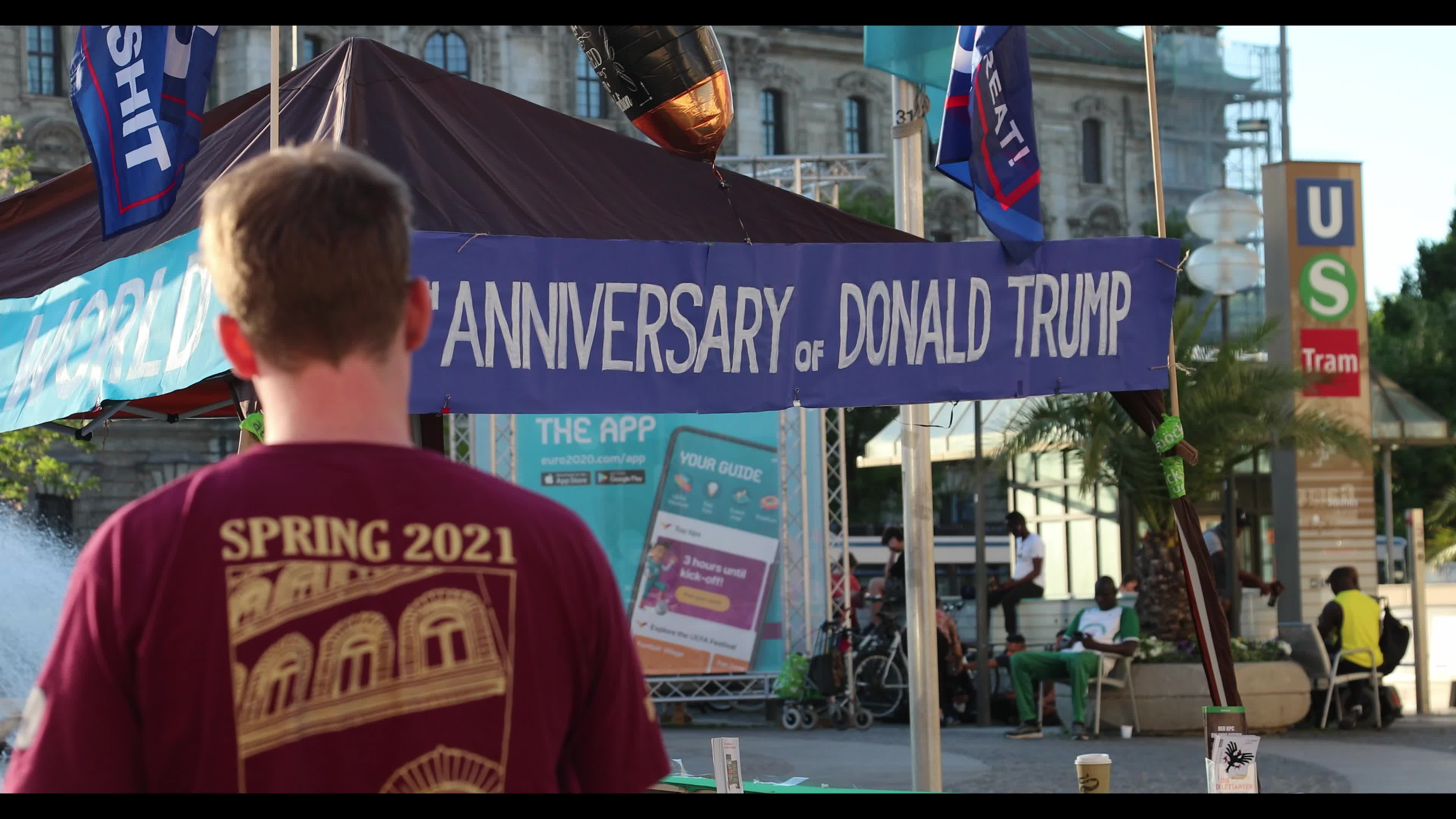 Supporters of Donald Trump celebrate his 75th birthday in Munich, Germany