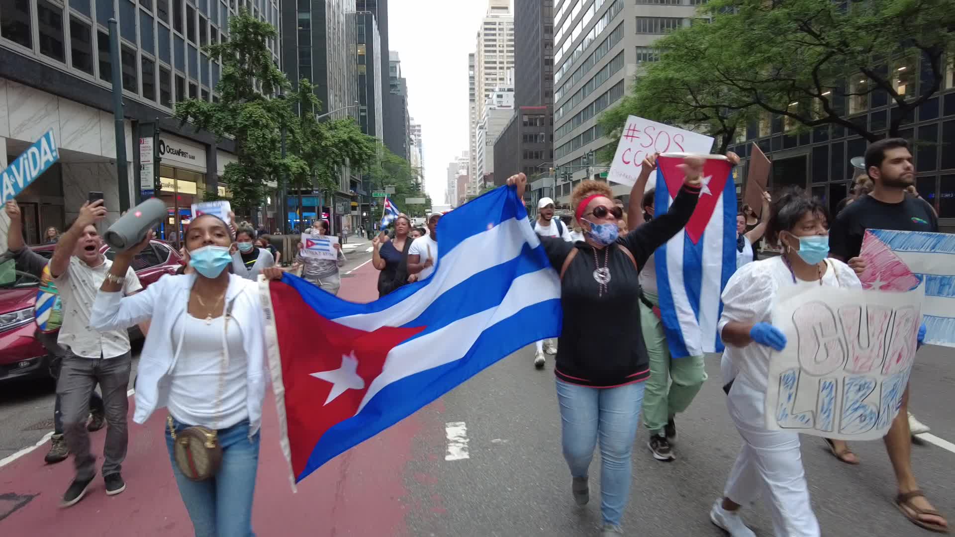 NY New Yorkers Take to the Streets In Support of Protesters In Cuba