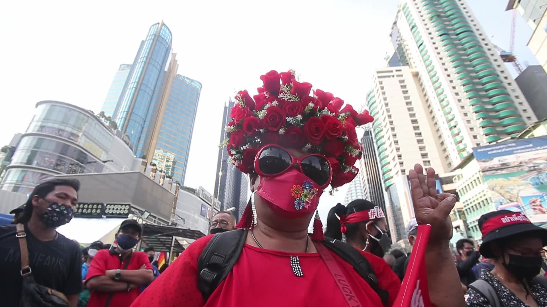 Pro-democracy protesters gather during the demonstration at Asoke intersection in Bangkok