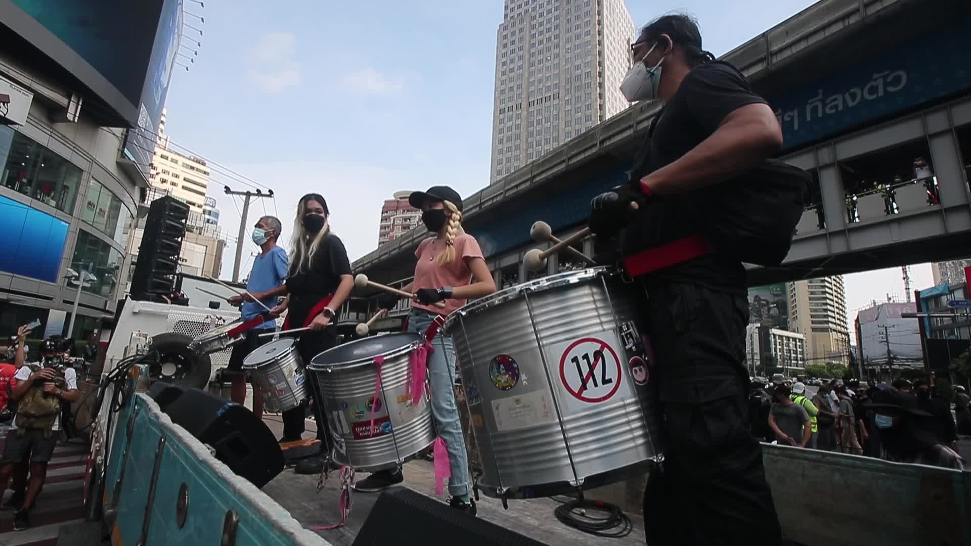 Pro-democracy protesters gather during the demonstration at Asoke intersection in Bangkok
