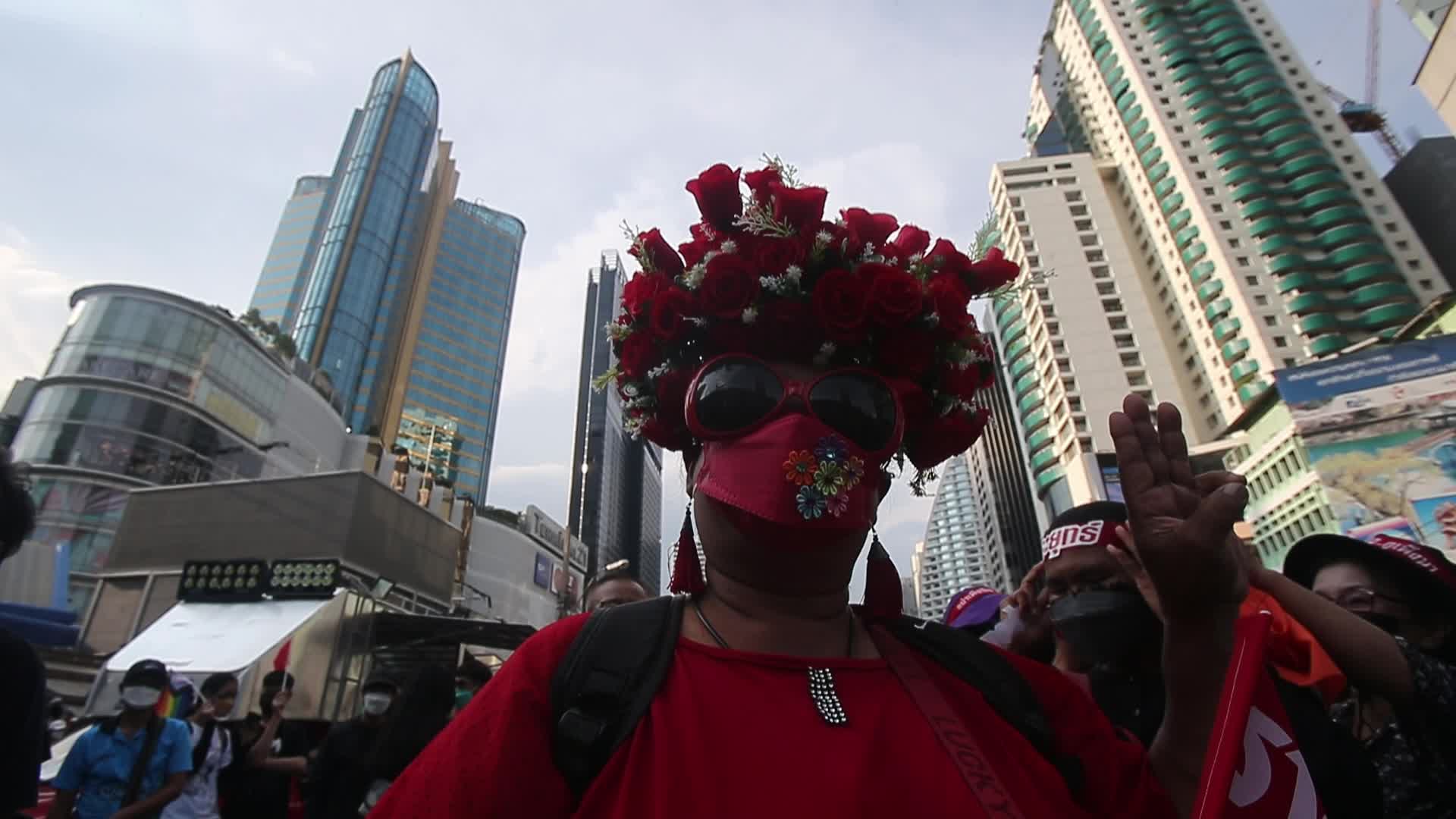 Pro-democracy protesters gather during the demonstration at Asoke intersection in Bangkok