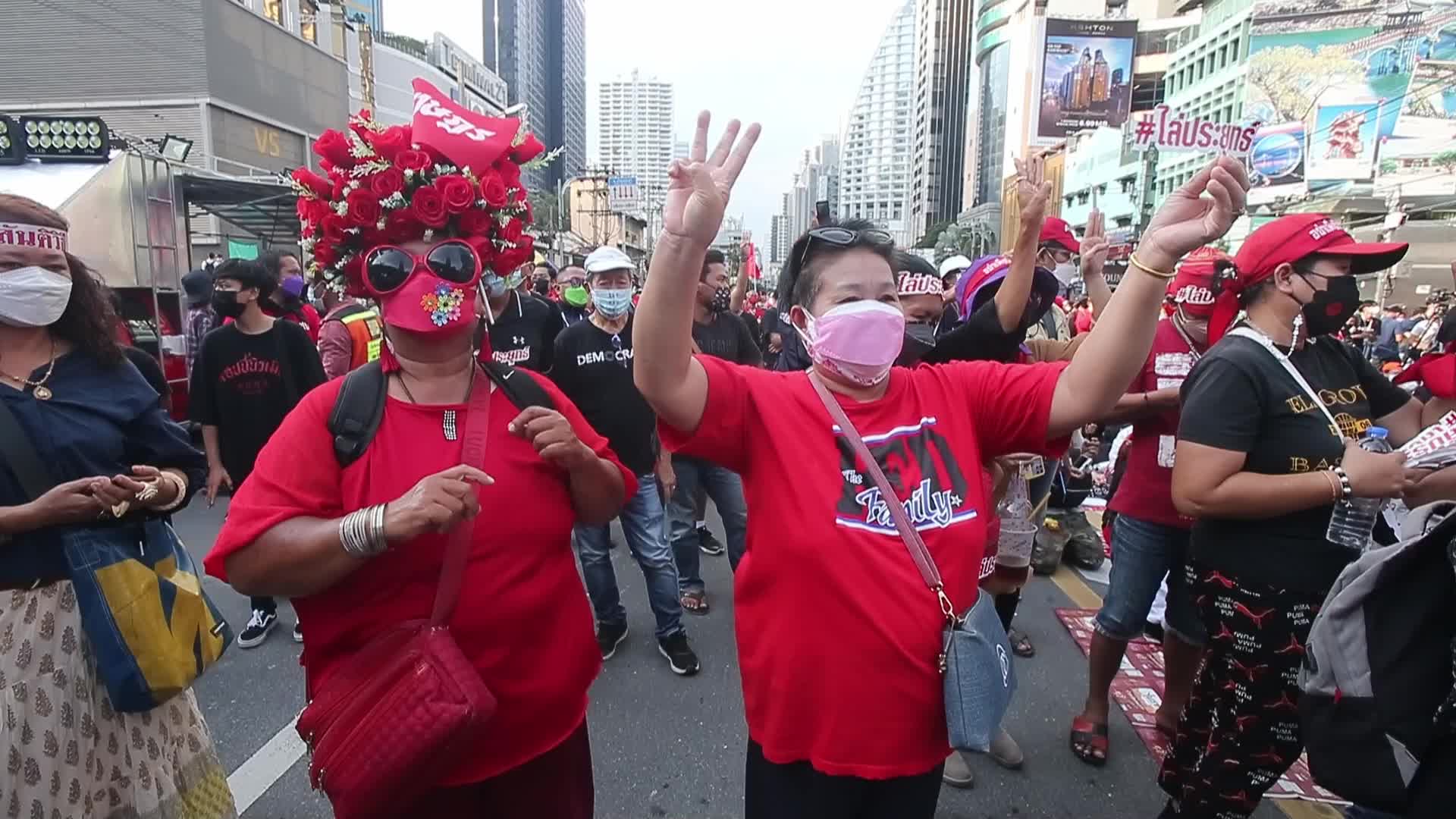 Pro-democracy protesters gather during the demonstration at Asoke intersection in Bangkok
