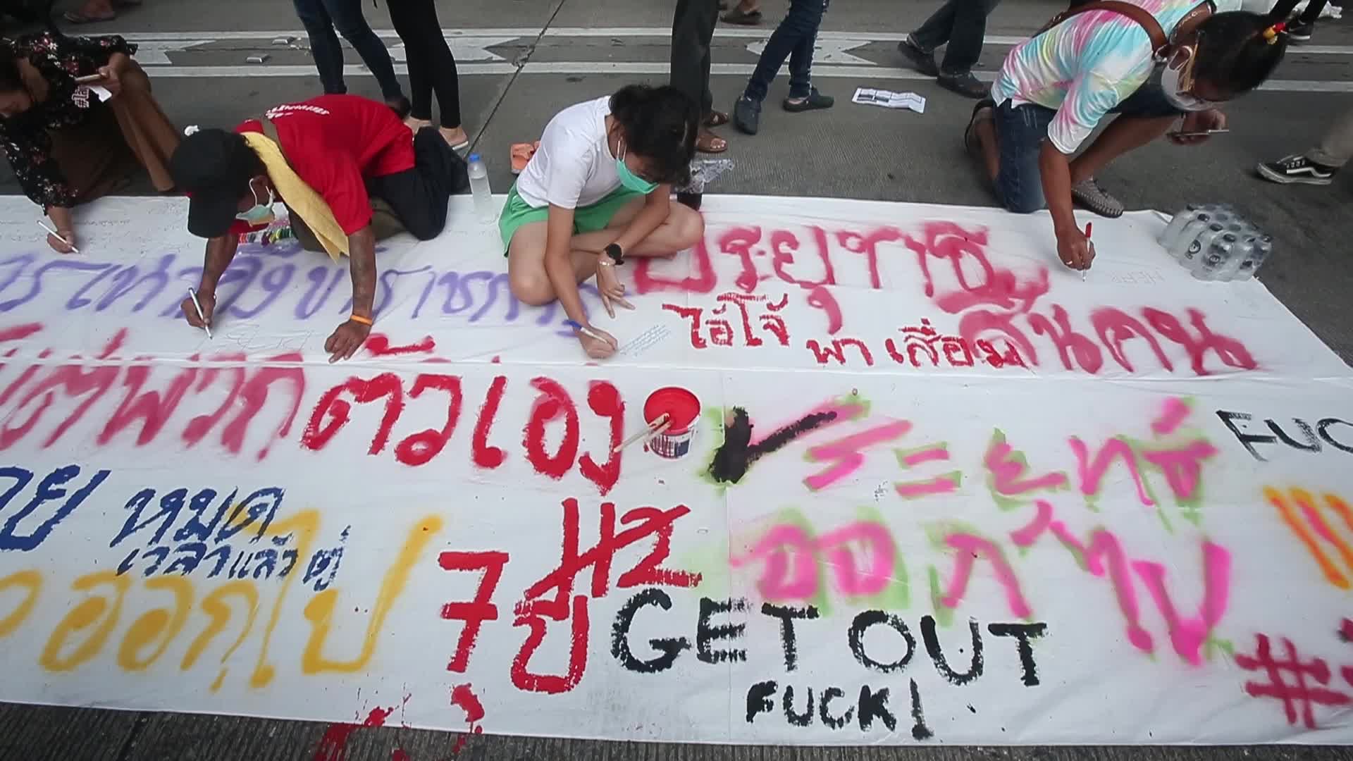 Pro-democracy protesters gather during the demonstration at Asoke intersection in Bangkok