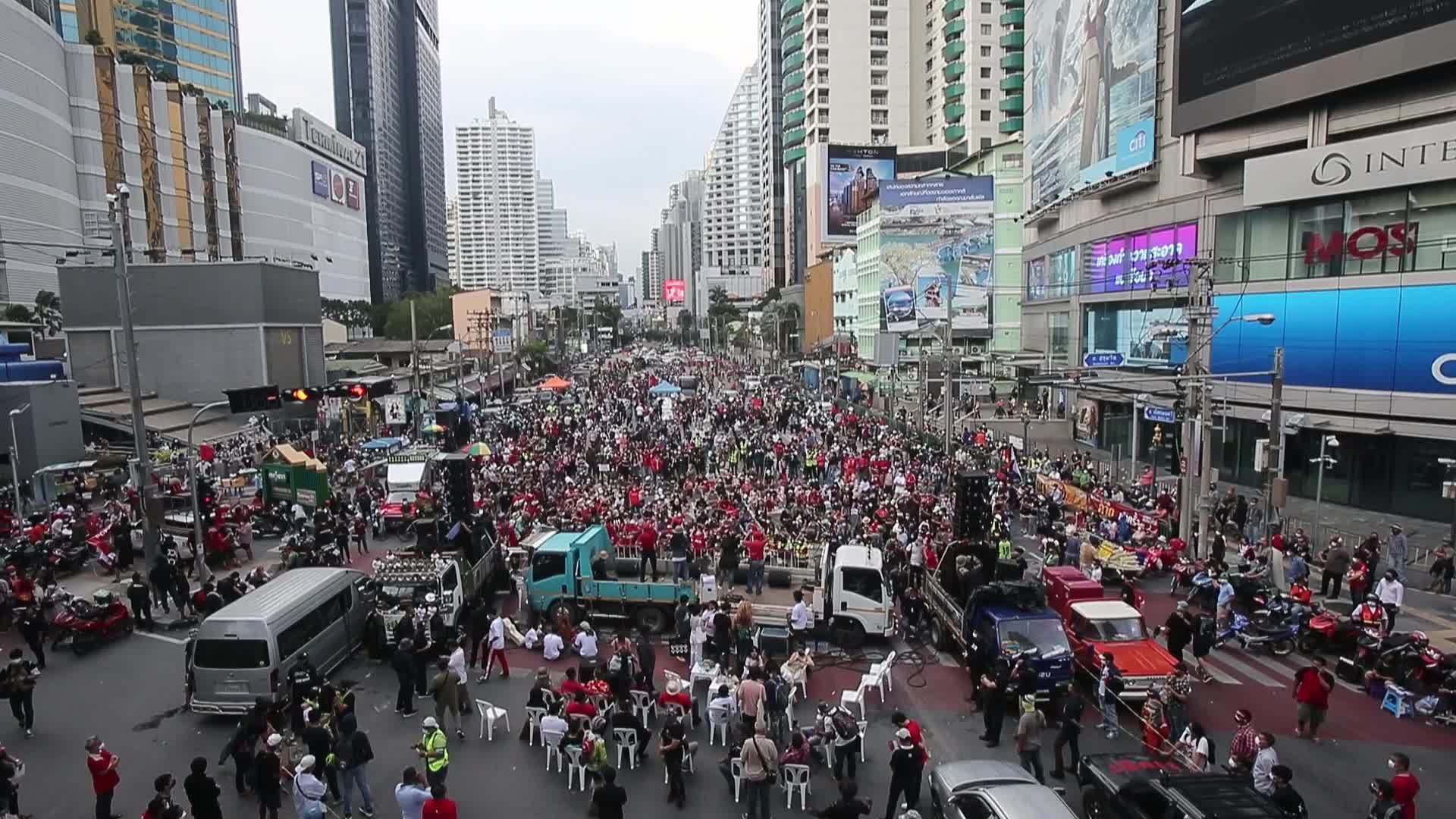 Pro-democracy protesters gather during the demonstration at Asoke intersection in Bangkok
