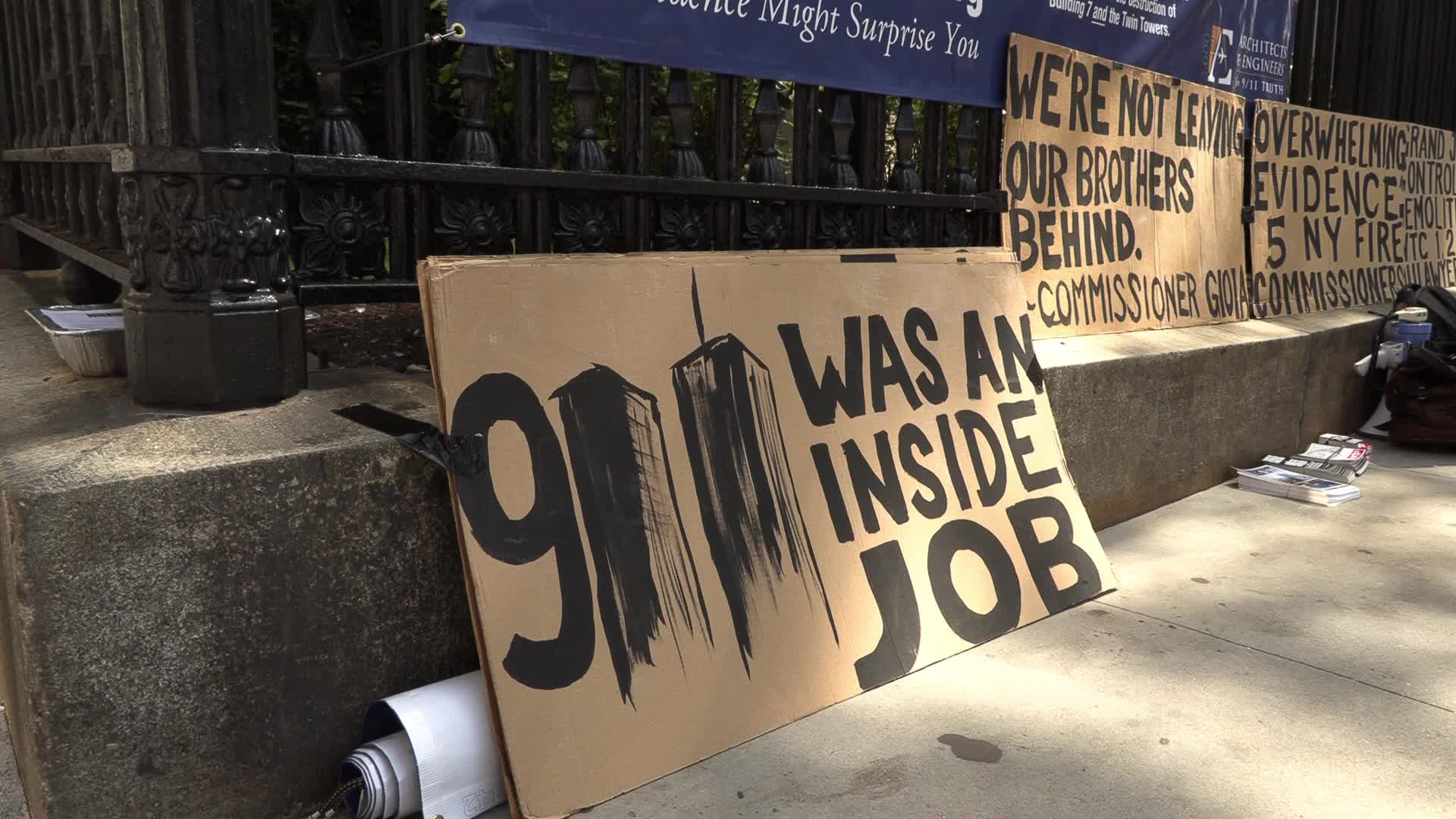 Cospiracy signs outside the World Trade Center