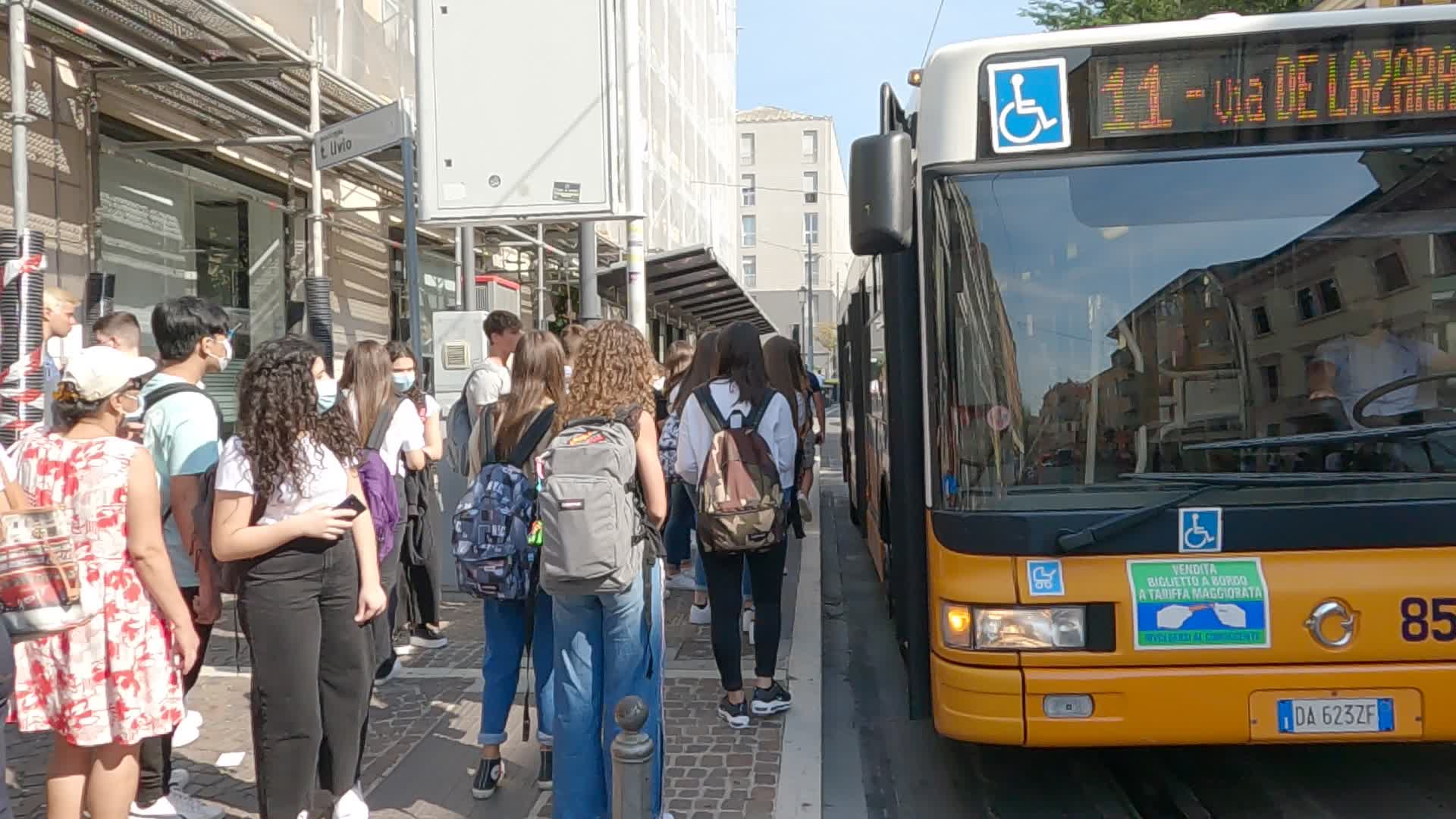 Gathered students who take a bus on the Riviera Tito Livio in Padua 
