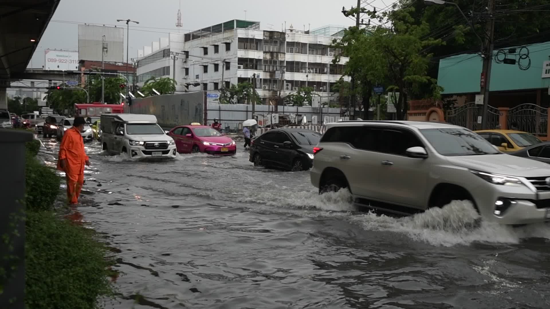 Water-Logged Road During Heavy Rain In Bangkok