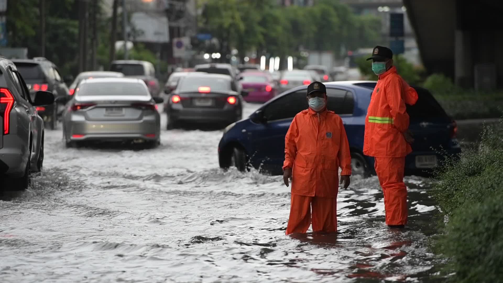 Water-Logged Road During Heavy Rain In Bangkok