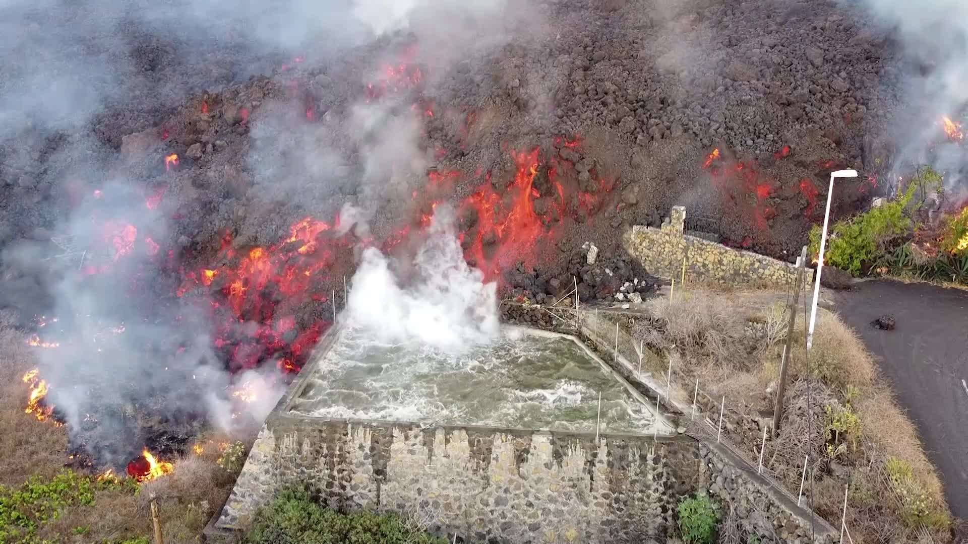 Drone view of La Palma's Cumbre Vieja volcano eruption