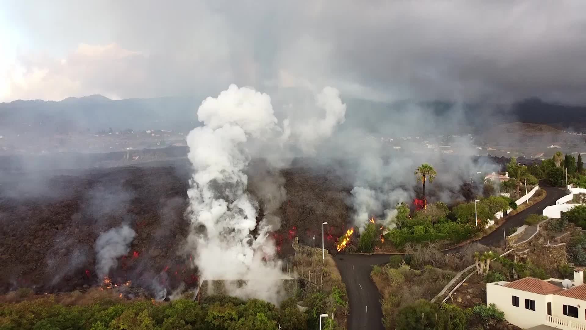 Drone view of La Palma's Cumbre Vieja volcano eruption