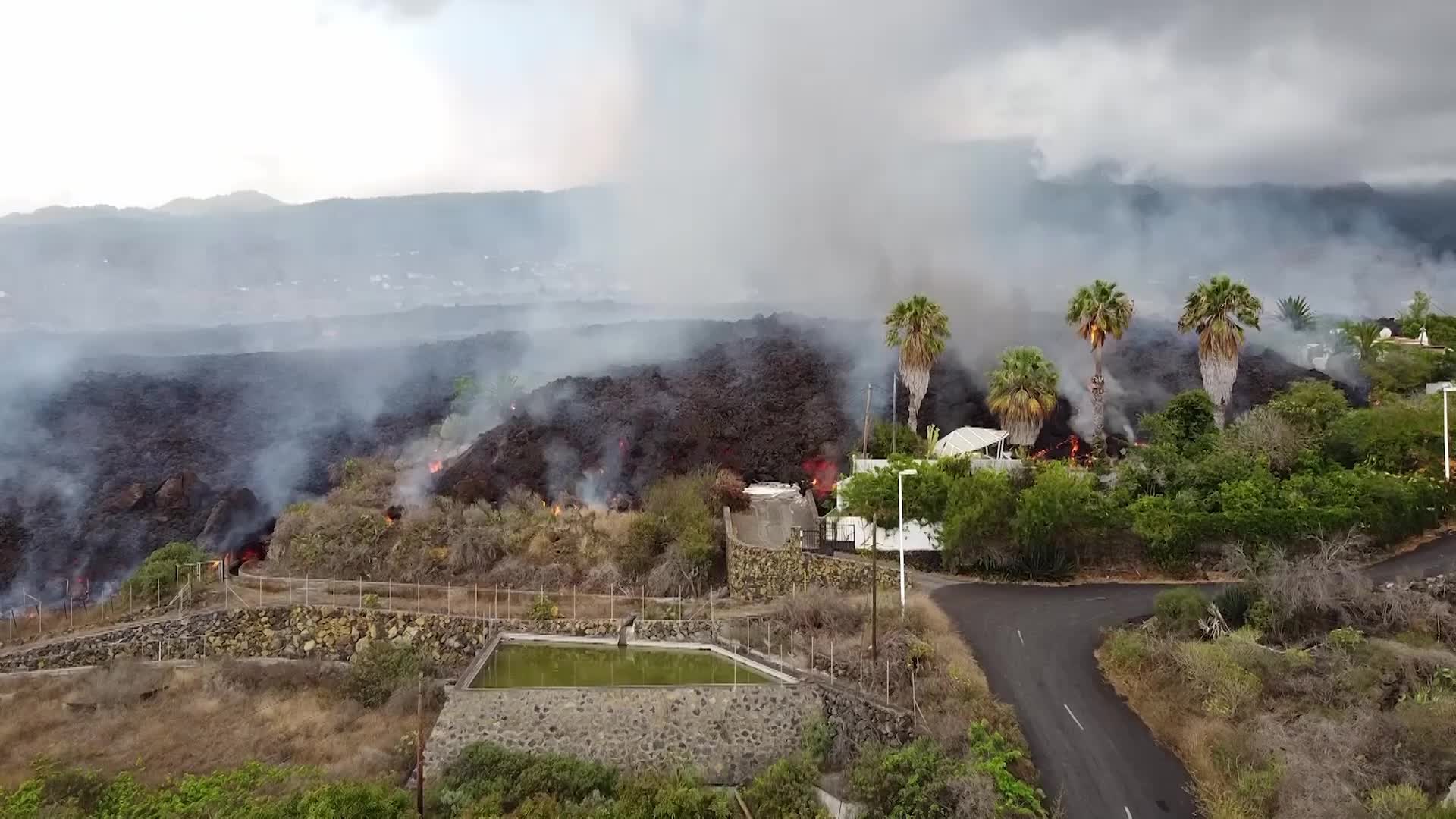 Drone view of La Palma's Cumbre Vieja volcano eruption