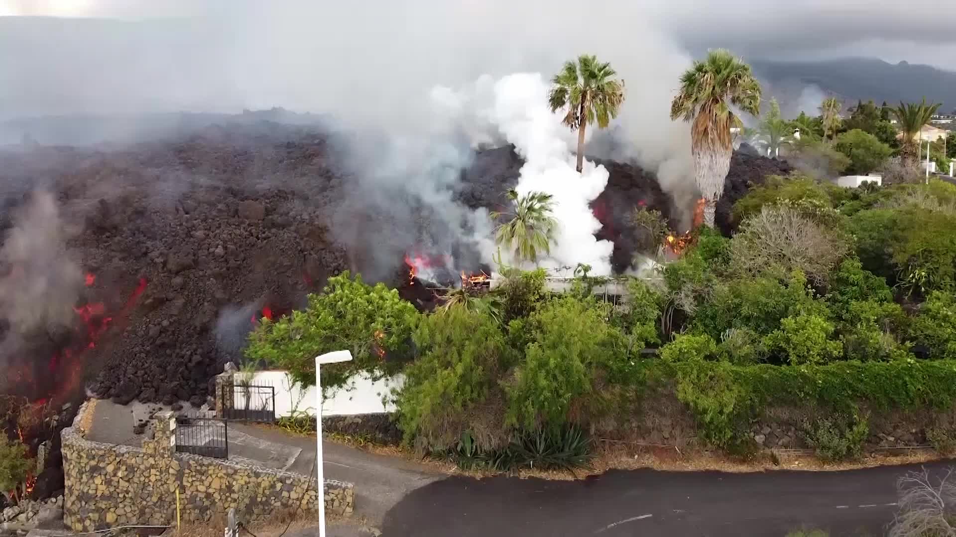 Drone view of La Palma's Cumbre Vieja volcano eruption