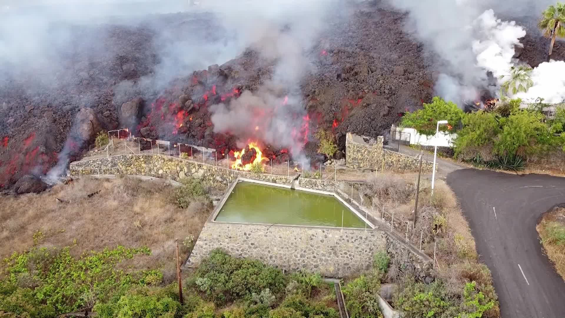 Drone view of La Palma's Cumbre Vieja volcano eruption