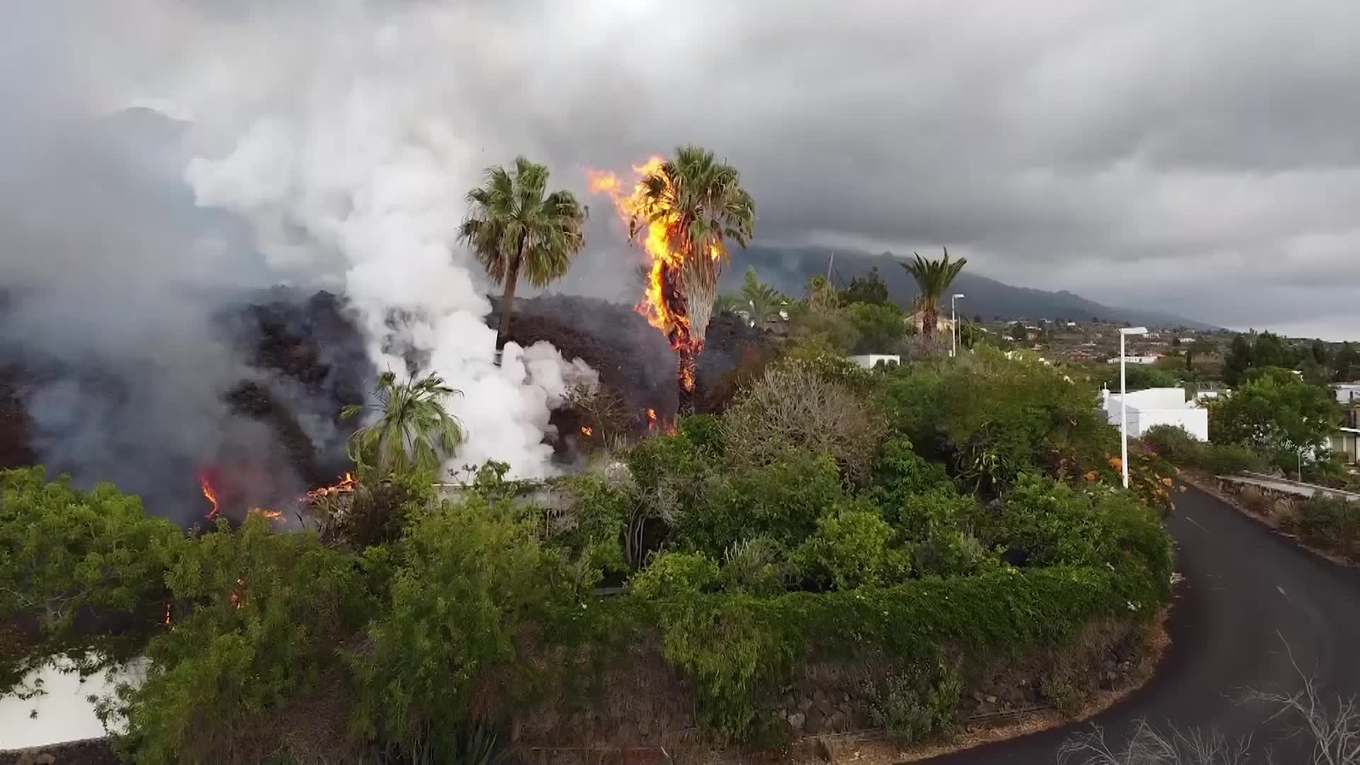 Drone view of La Palma's Cumbre Vieja volcano eruption