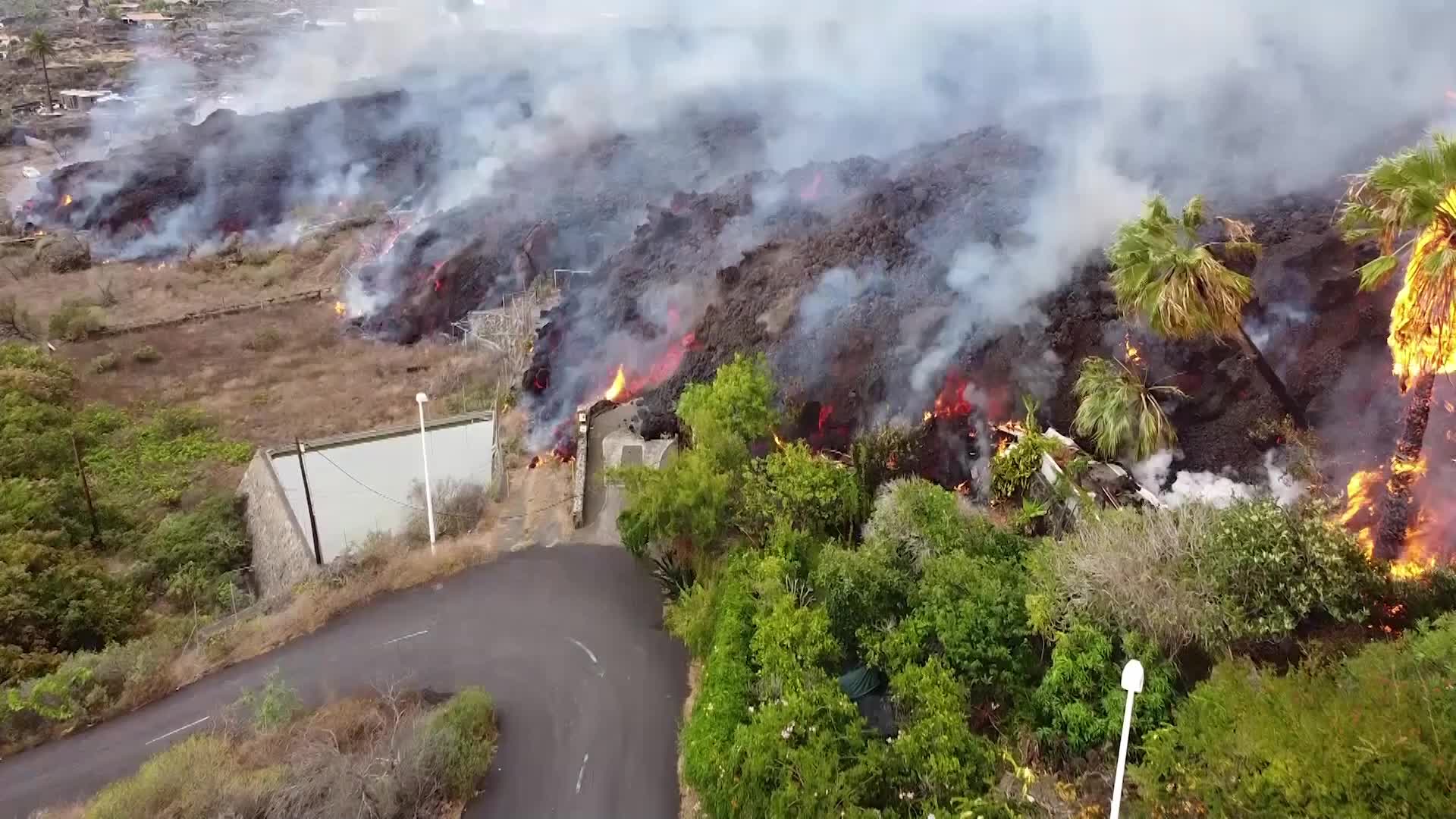 Drone view of La Palma's Cumbre Vieja volcano eruption