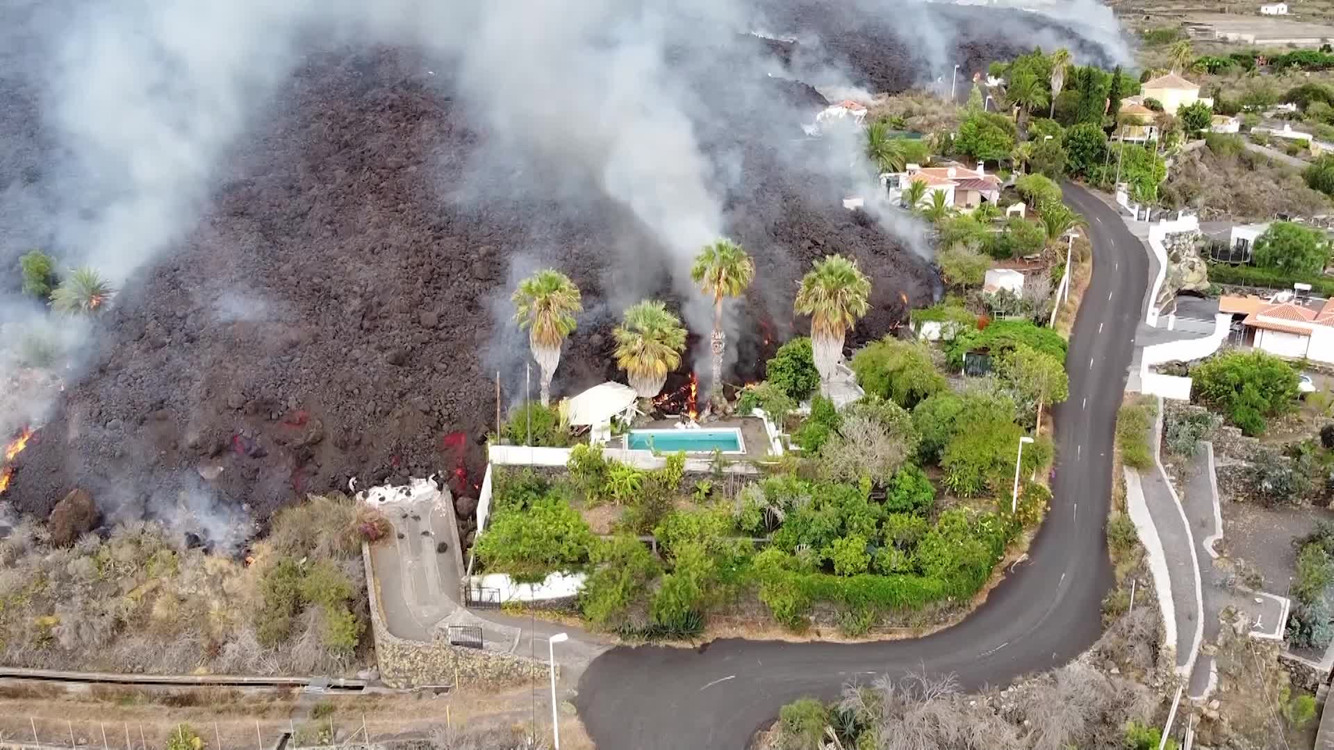 Drone view of La Palma's Cumbre Vieja volcano eruption
