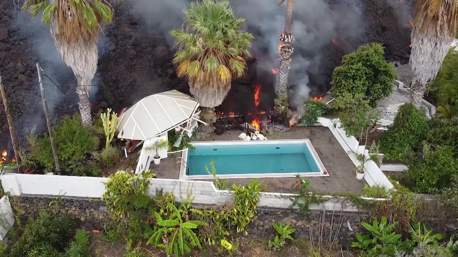 Drone view of La Palma's Cumbre Vieja volcano eruption