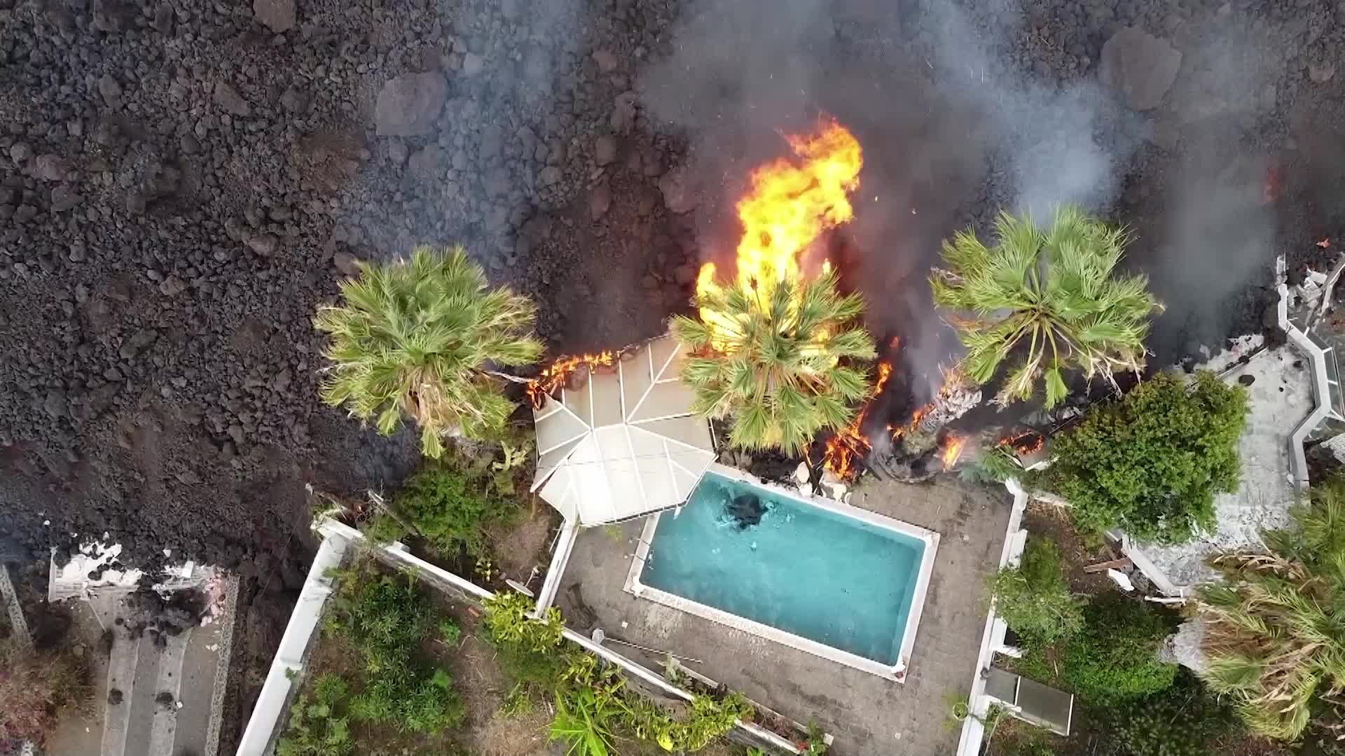 Drone view of La Palma's Cumbre Vieja volcano eruption