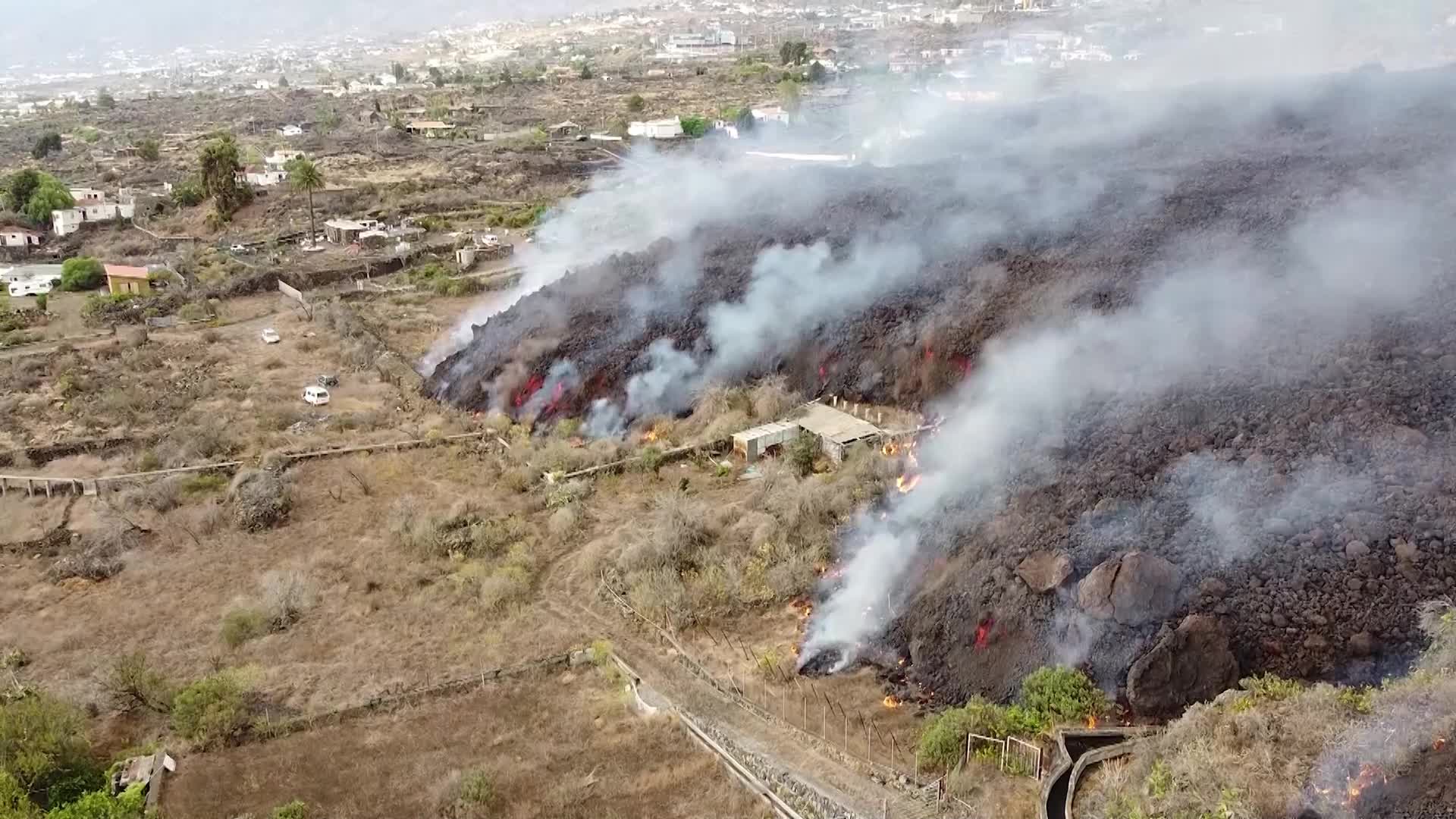 Drone view of La Palma's Cumbre Vieja volcano eruption