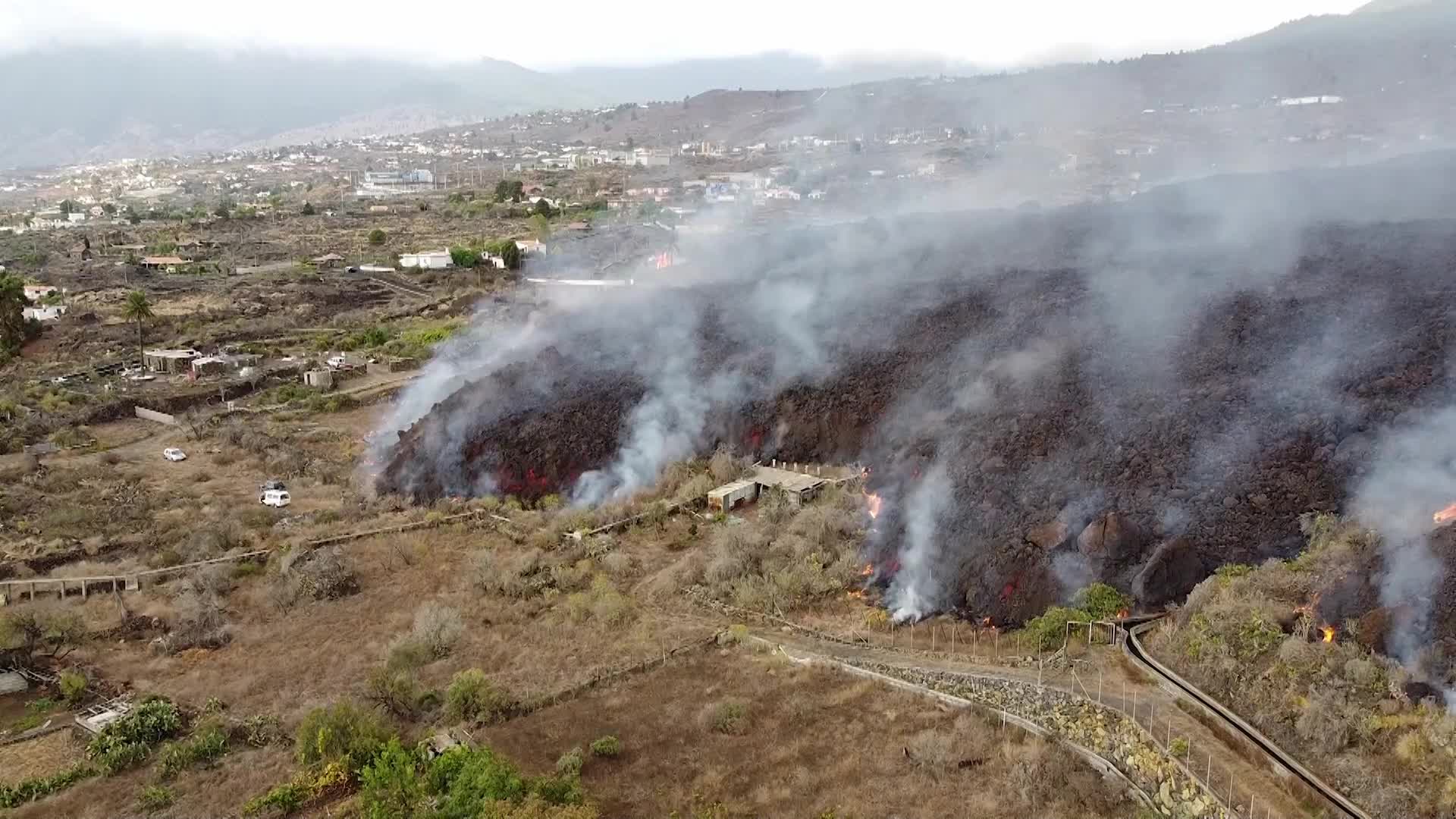 Drone view of La Palma's Cumbre Vieja volcano eruption