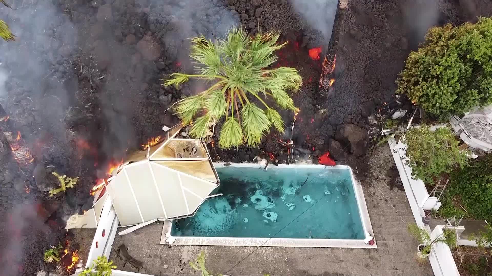Drone view of La Palma's Cumbre Vieja volcano eruption