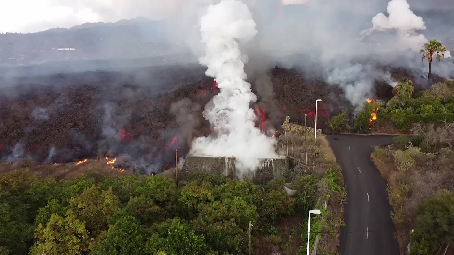 Drone view of La Palma's Cumbre Vieja volcano eruption