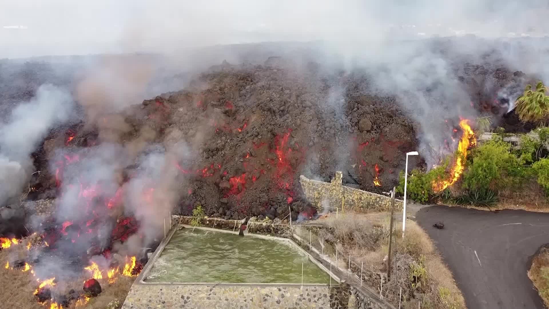 Drone view of La Palma's Cumbre Vieja volcano eruption