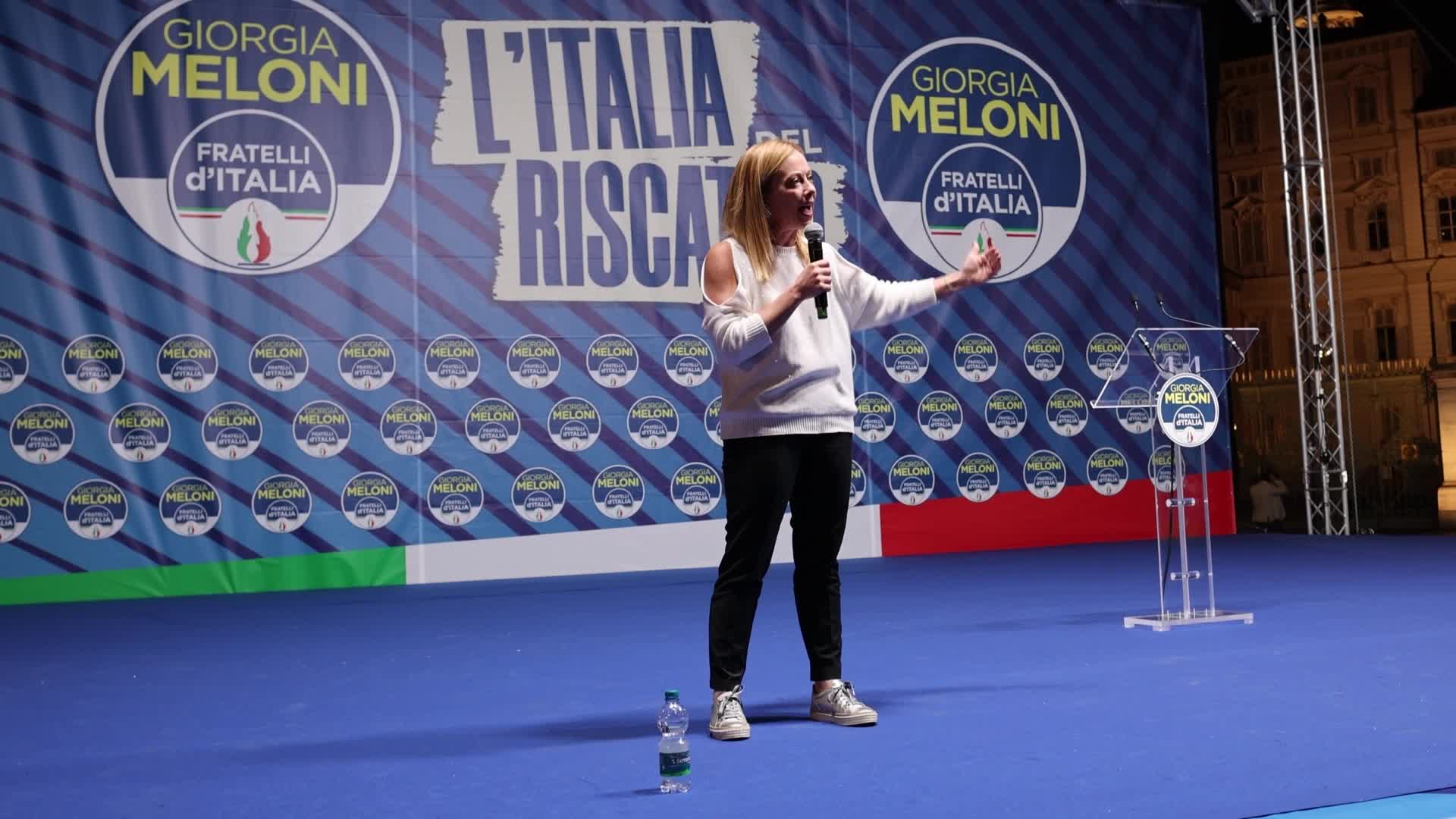 Giorgia Meloni, the leader of the political party of Fratelli d'Italia speaks in Turin