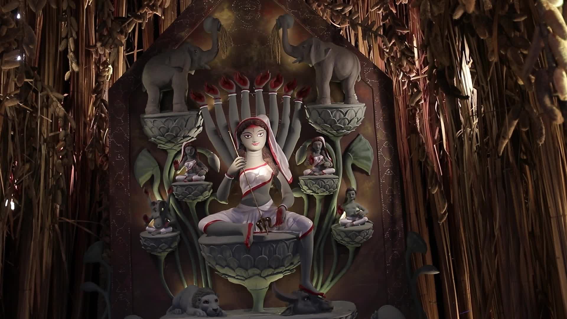 Makeshift place of worship for Durga Puja