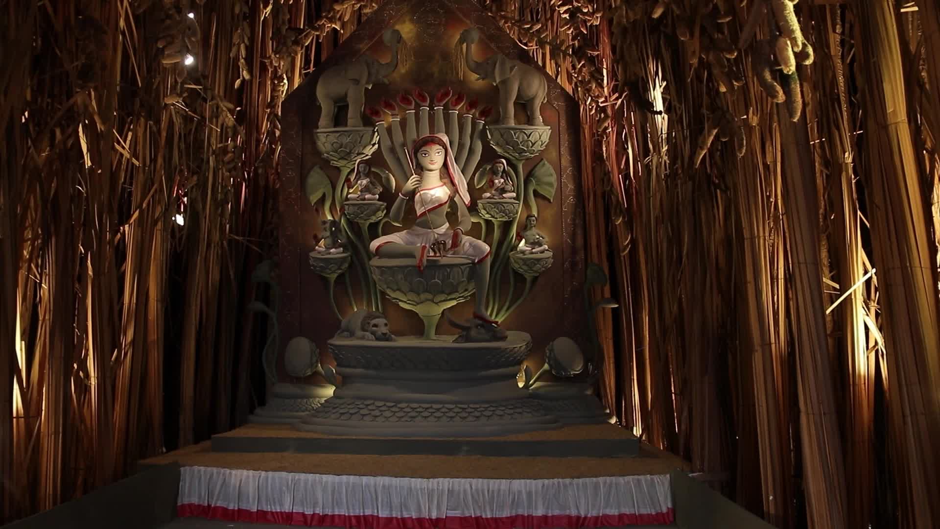Makeshift place of worship for Durga Puja