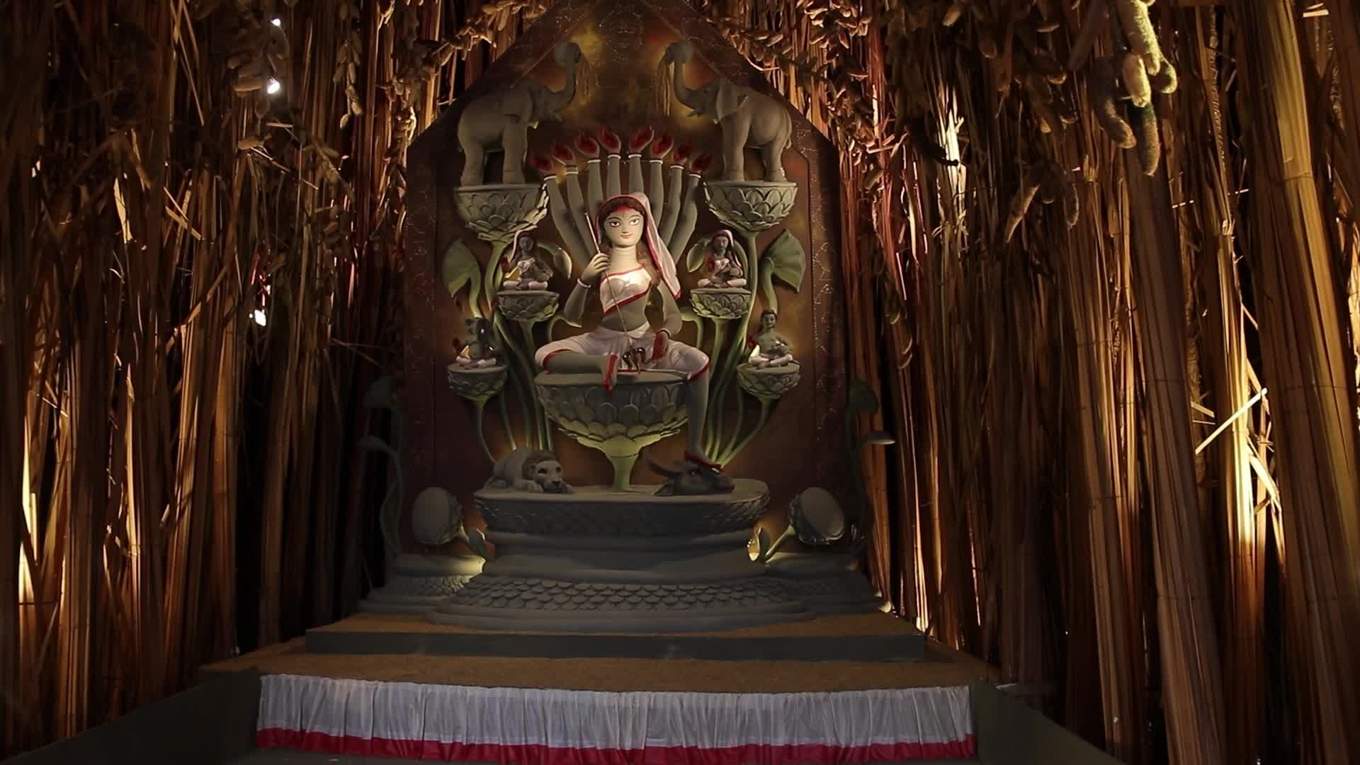 Makeshift place of worship for Durga Puja